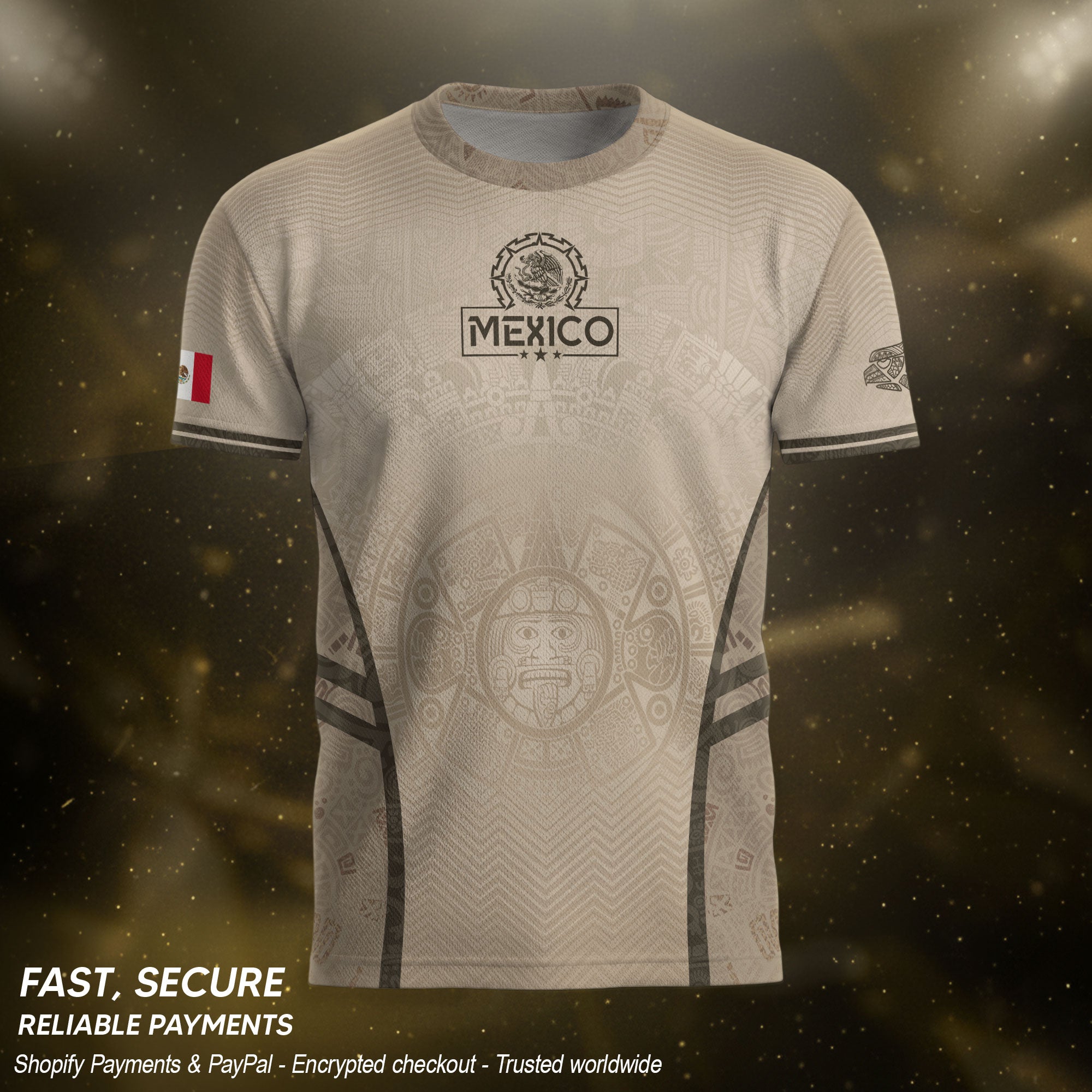 Camiseta de fútbol premium con emblema de águila azteca verde y dorado de México