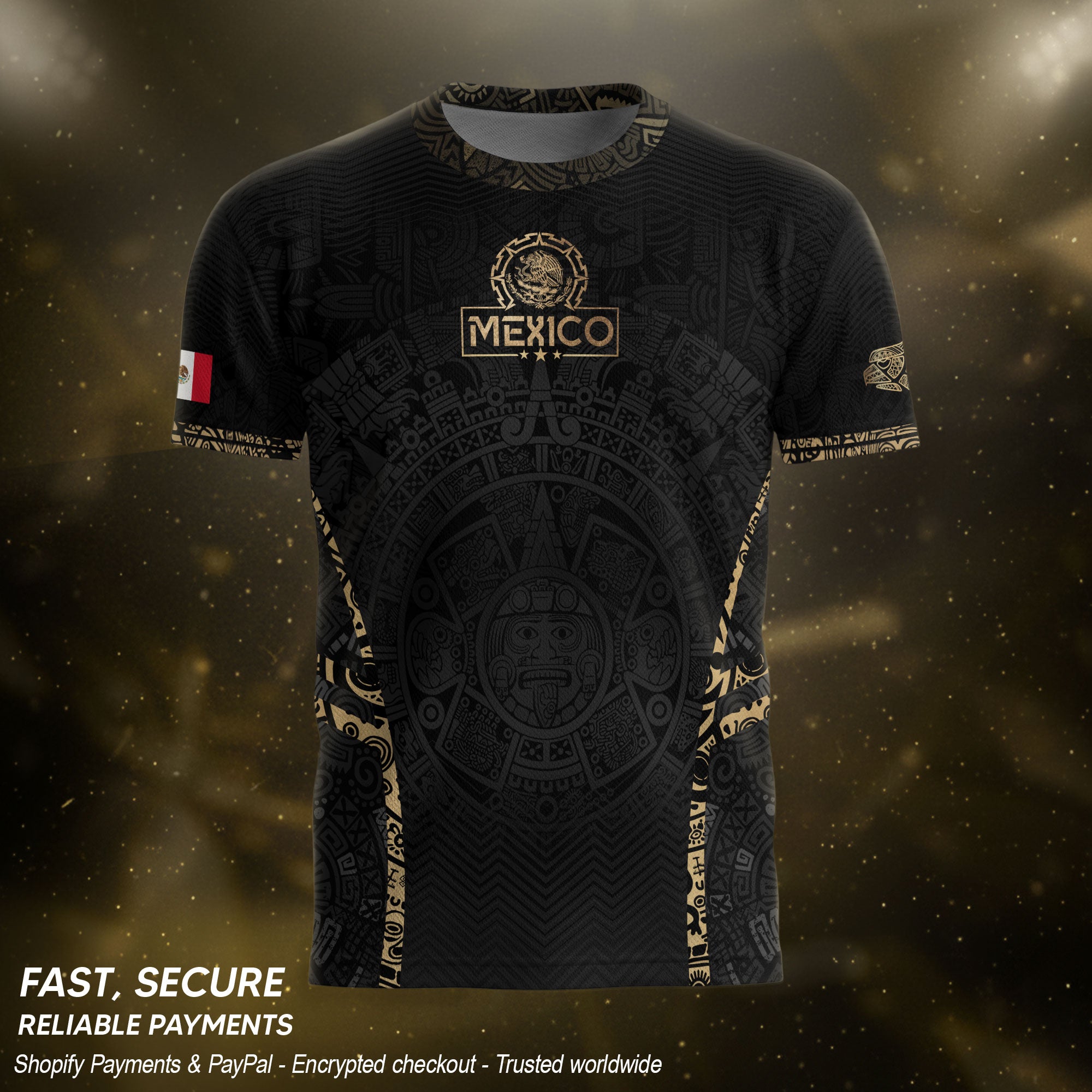 Camiseta de fútbol premium con emblema de águila azteca verde y dorado de México