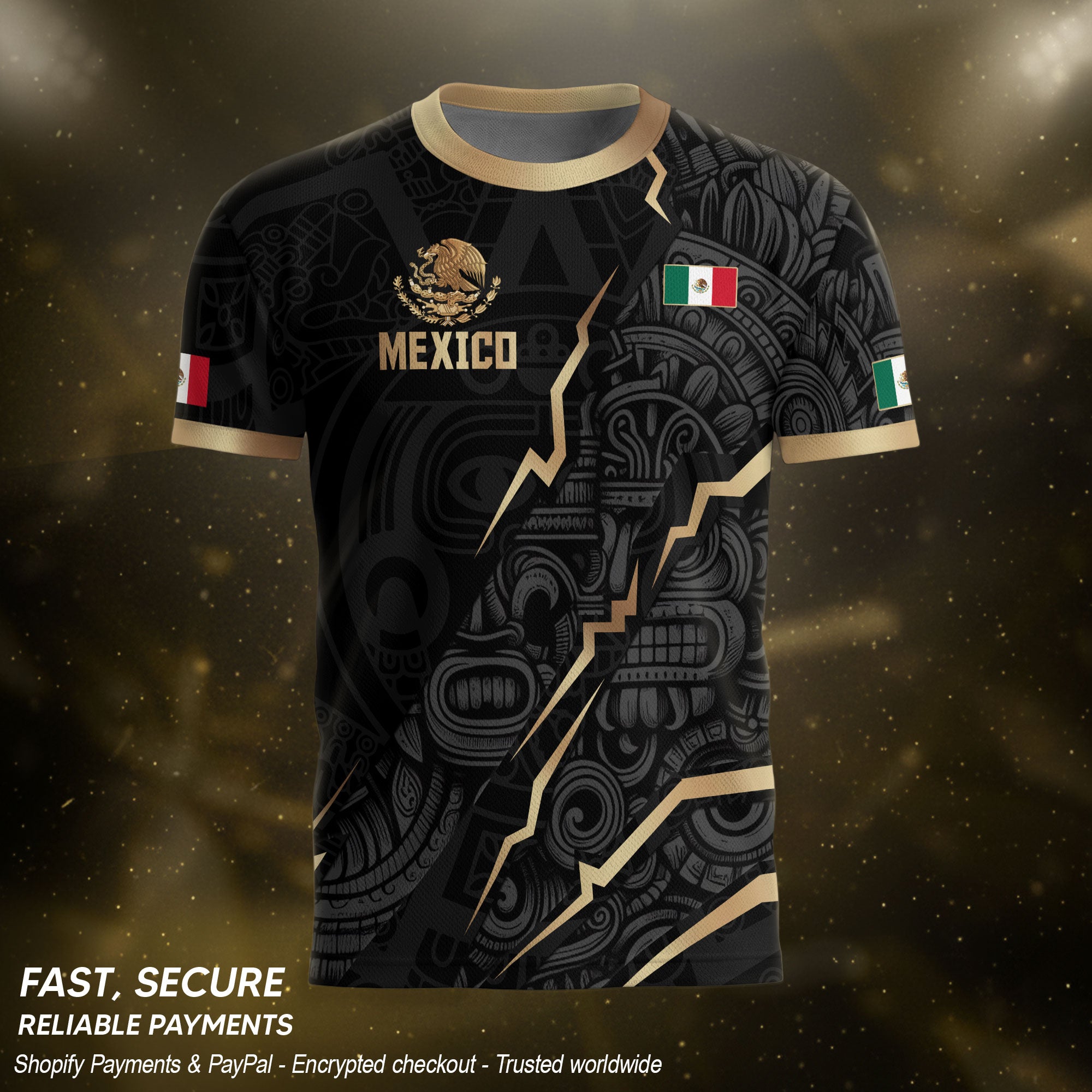 Camiseta de fútbol de la herencia del guerrero azteca del águila dorada negra de México