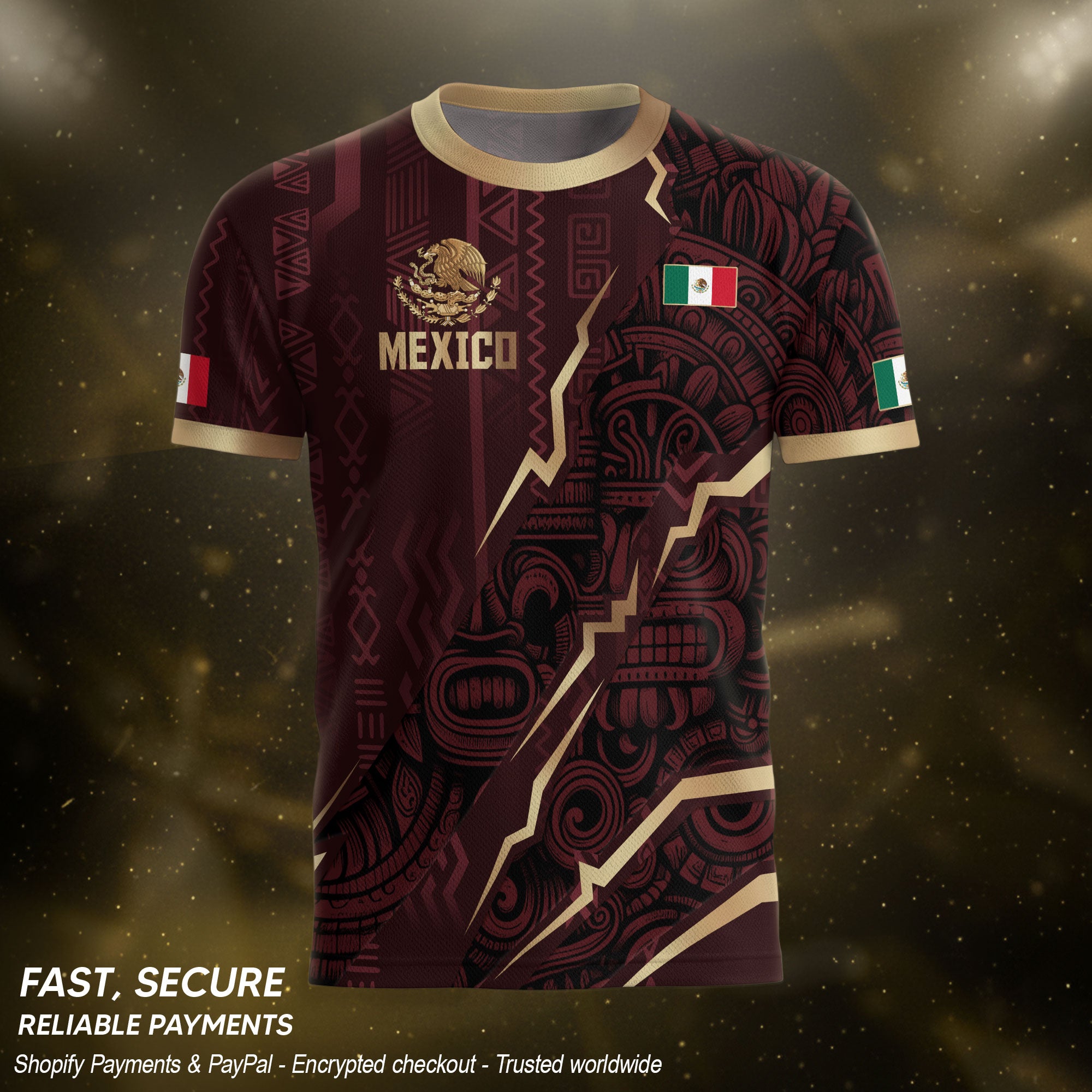 Camiseta de fútbol de la herencia del guerrero azteca del águila dorada negra de México