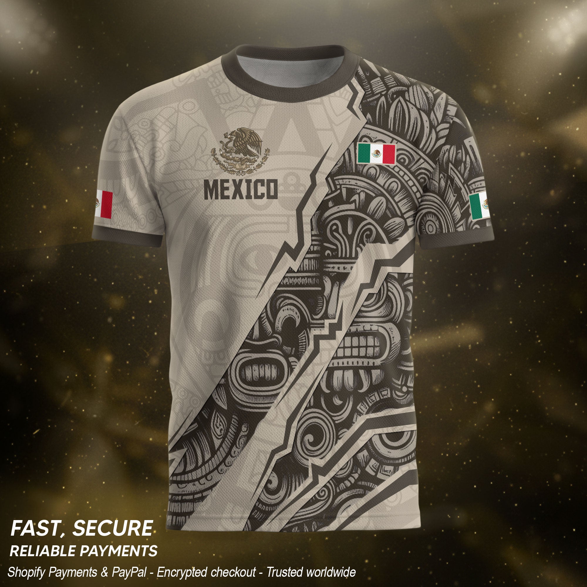 Camiseta de fútbol de la herencia del guerrero azteca del águila dorada negra de México