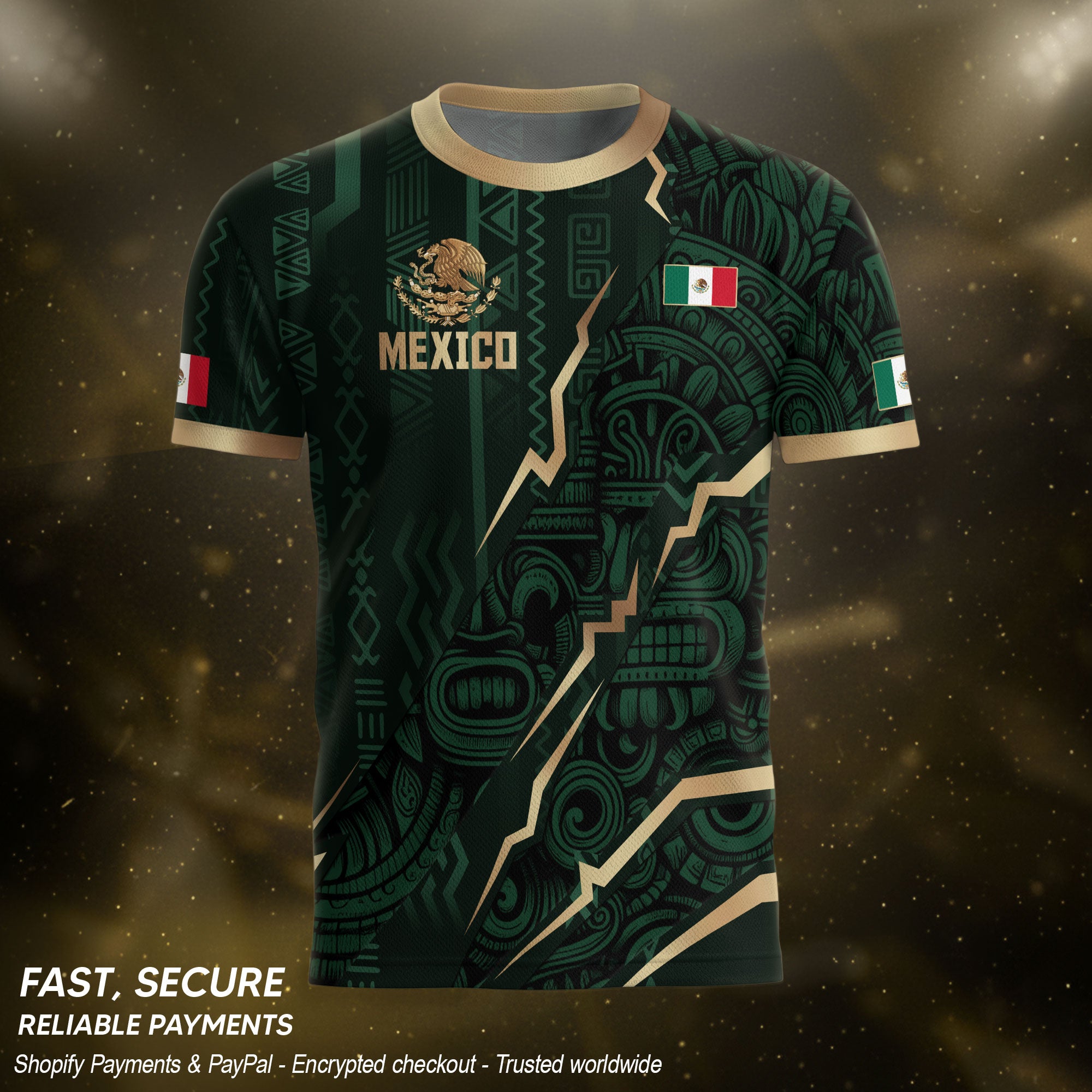 Camiseta de fútbol de la herencia del guerrero azteca del águila dorada negra de México
