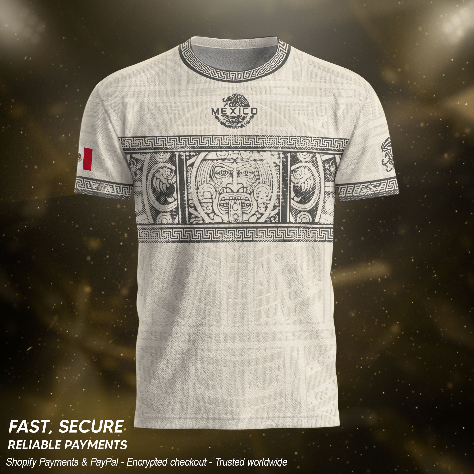 Camiseta de fútbol premium con emblema de águila azteca verde y dorado de México