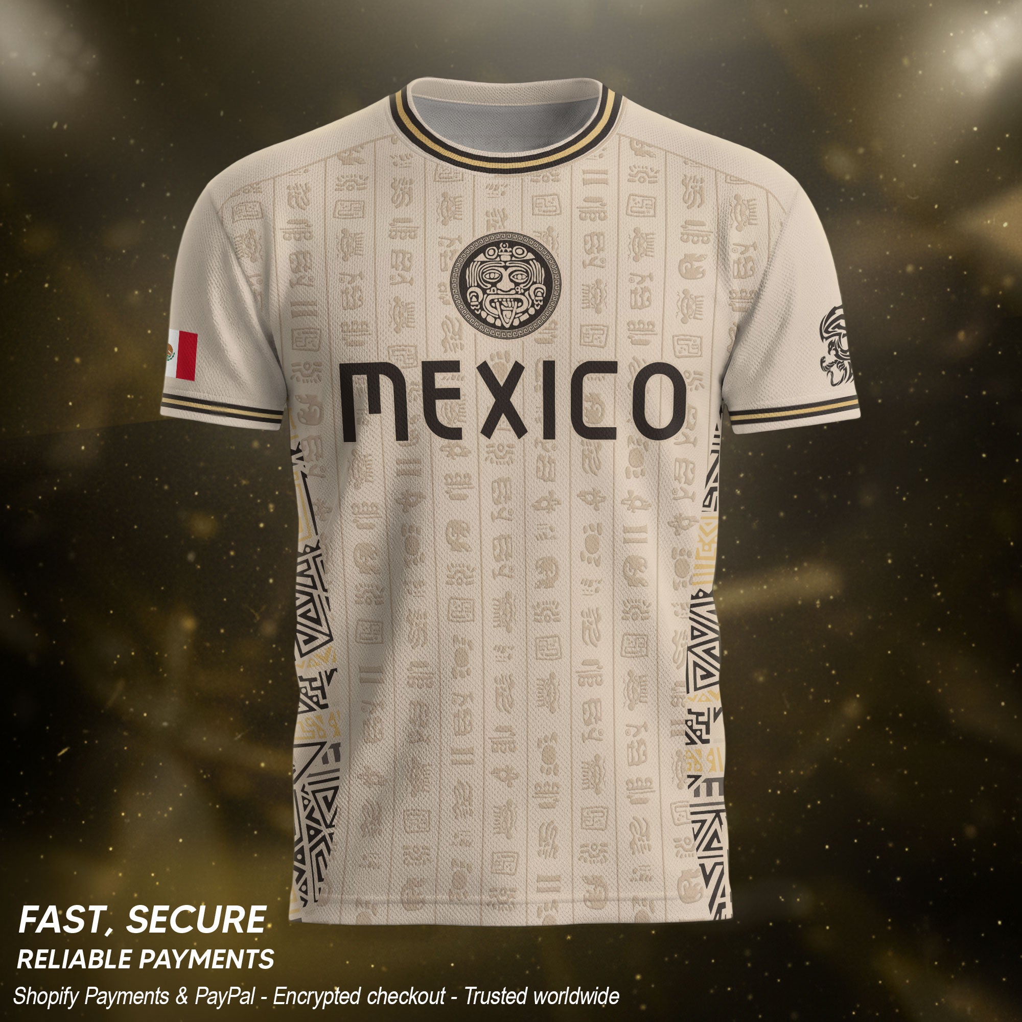 Camiseta de fútbol premium con emblema de águila azteca verde y dorado de México