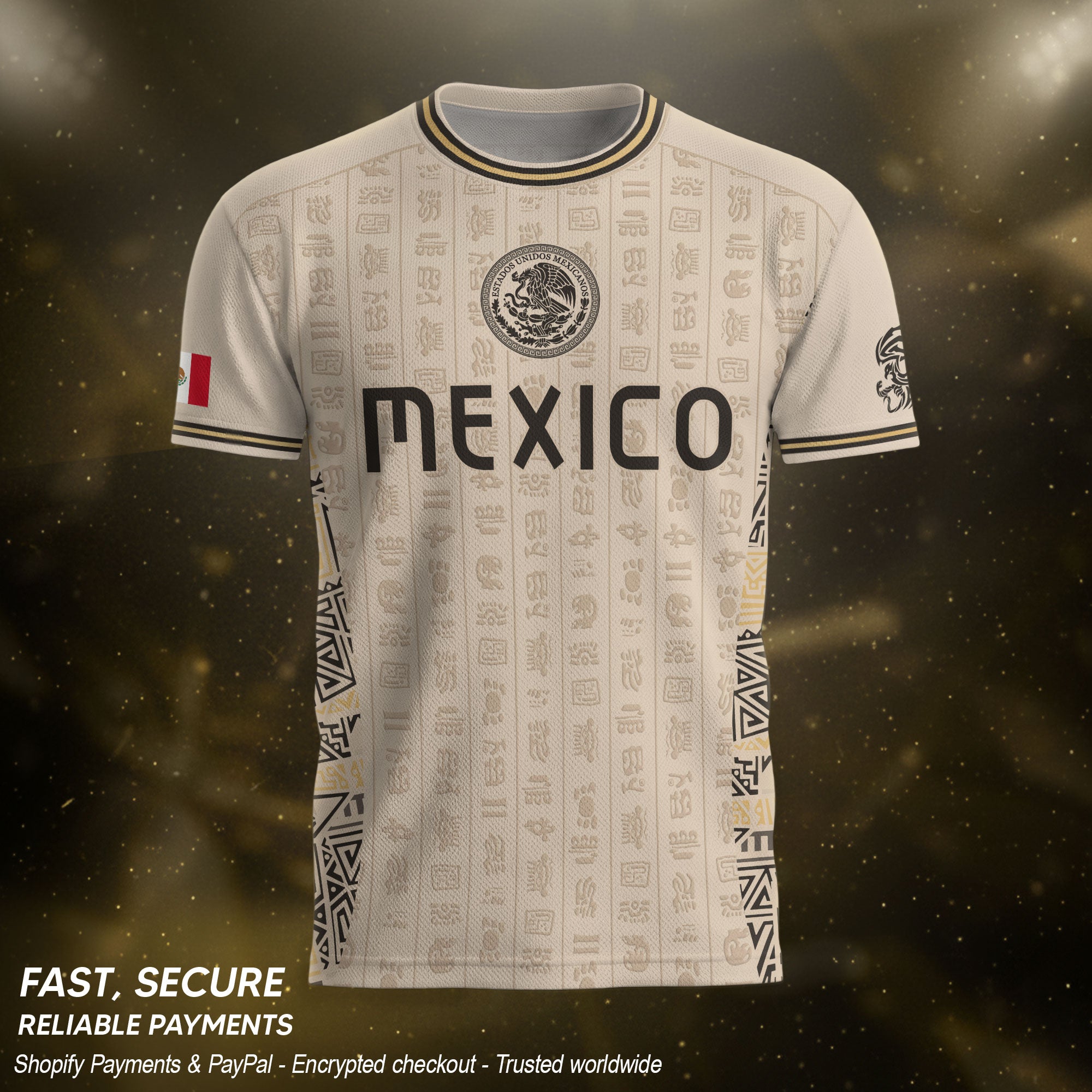 Camiseta de fútbol premium con emblema de águila azteca verde y dorado de México