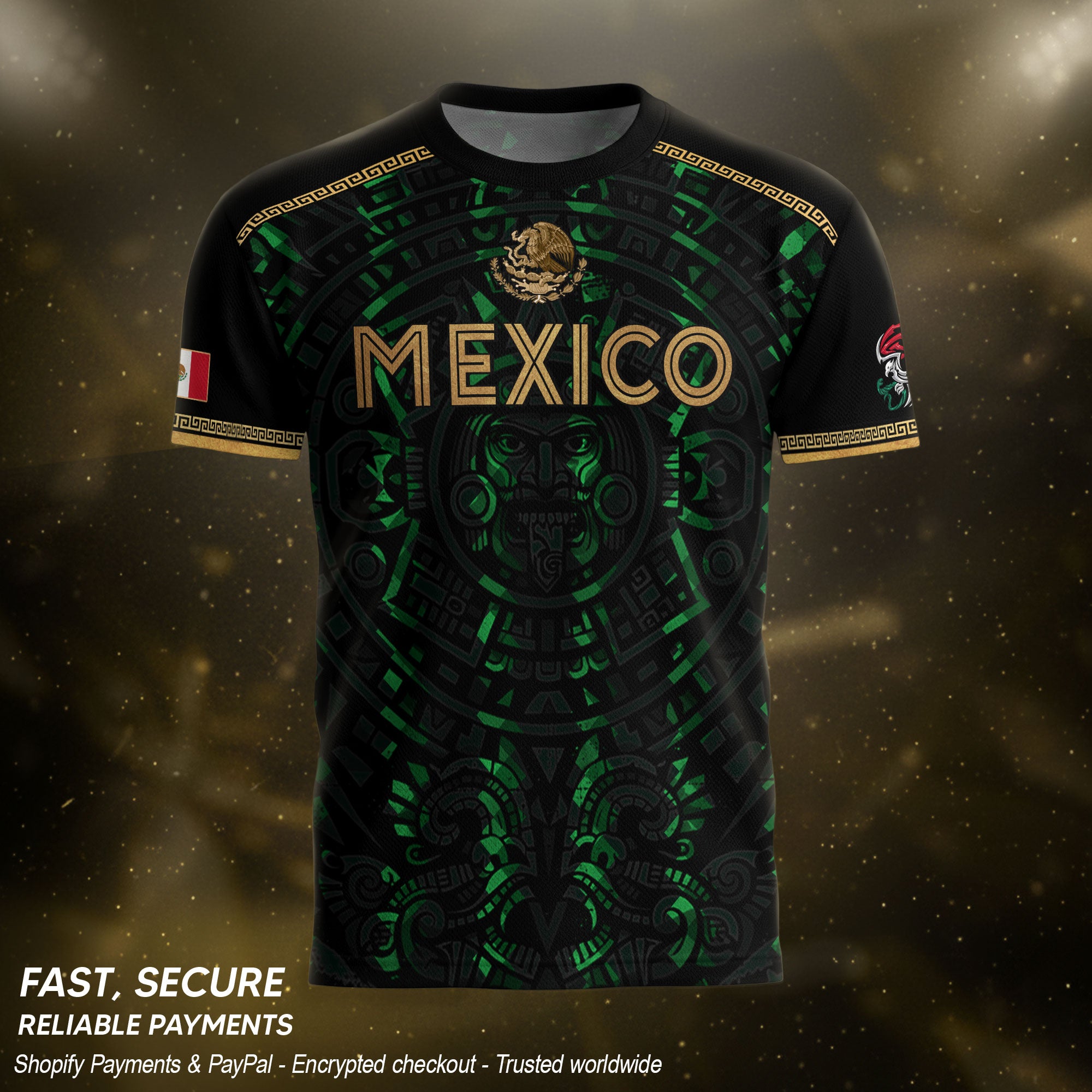 Camiseta de fútbol premium con emblema de águila azteca verde y dorado de México