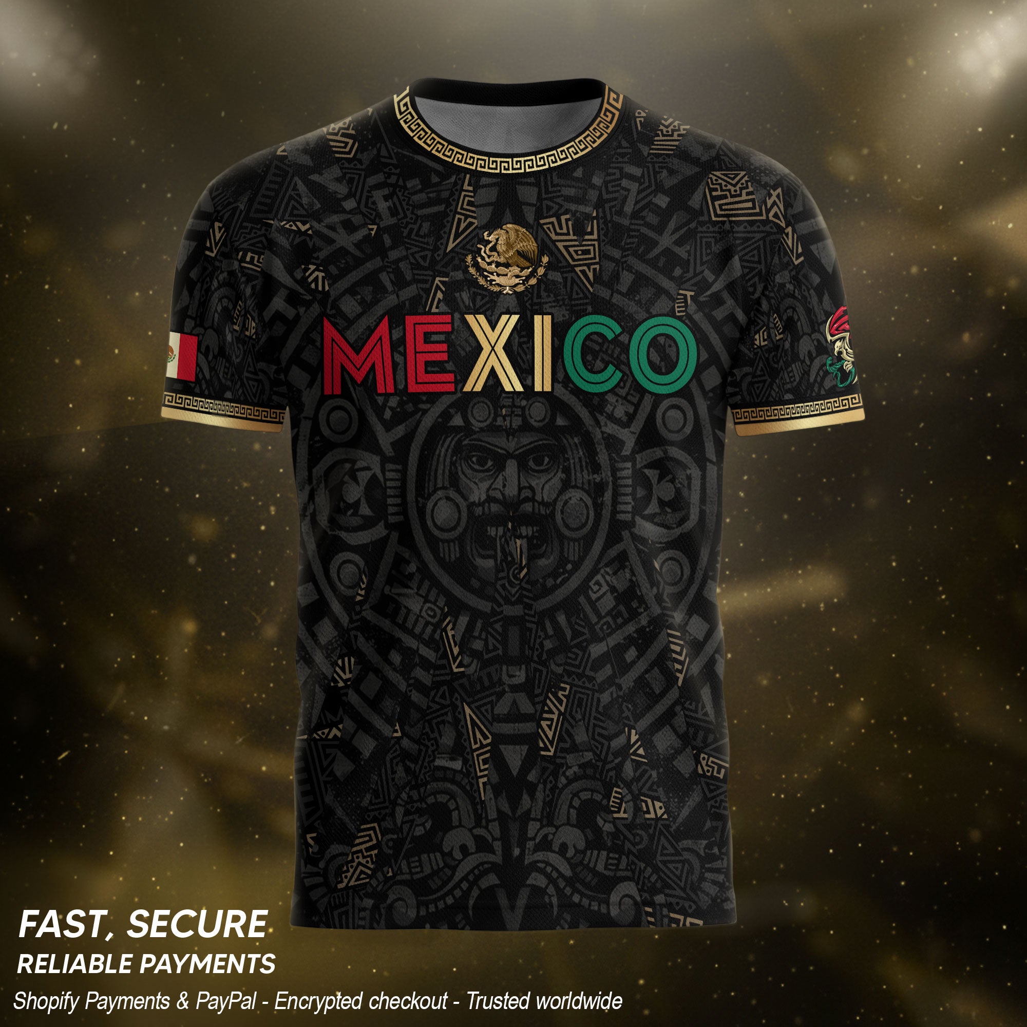 Camiseta de fútbol premium con emblema de águila azteca verde y dorado de México