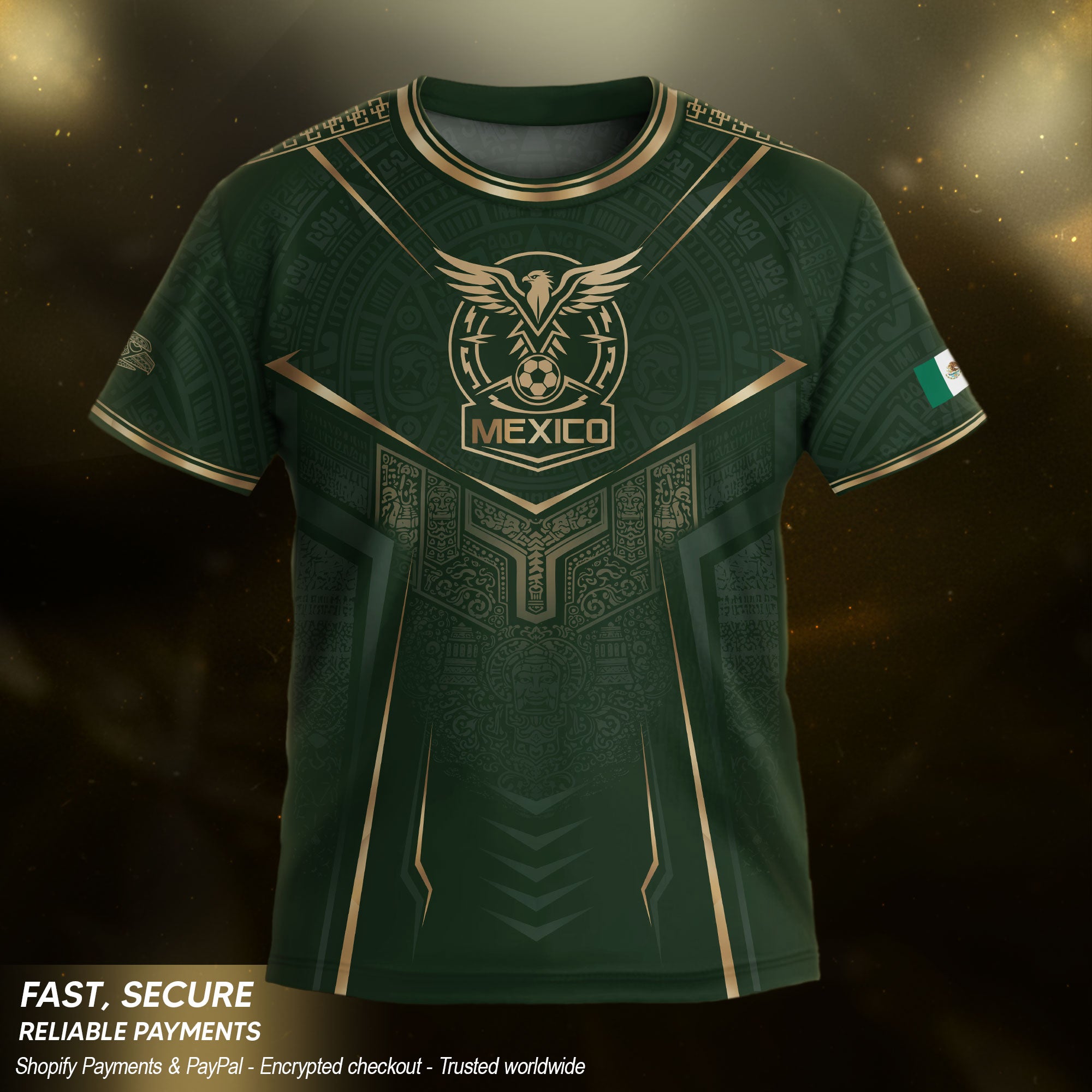 Mexico Soccer Jersey Youth Green Gold Eagle Shield Warrior Culture Print Football Shirt