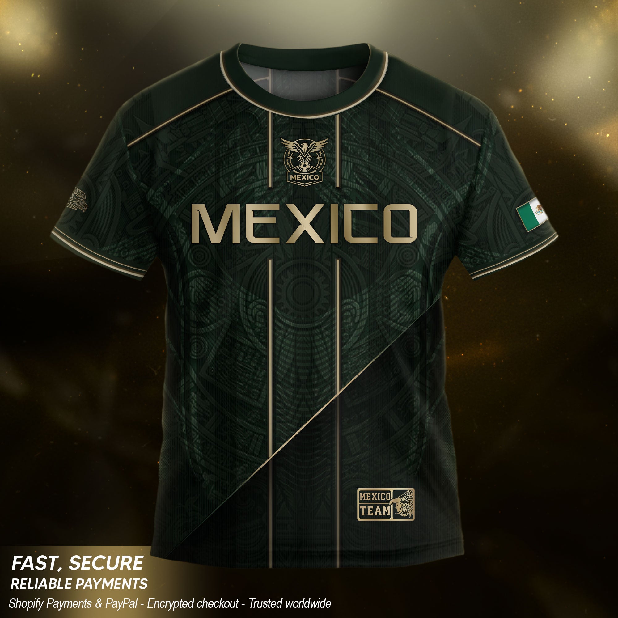 Youth Mexico Soccer Jersey Black Gold National Coat of Arms Heritage Football Shirt Set