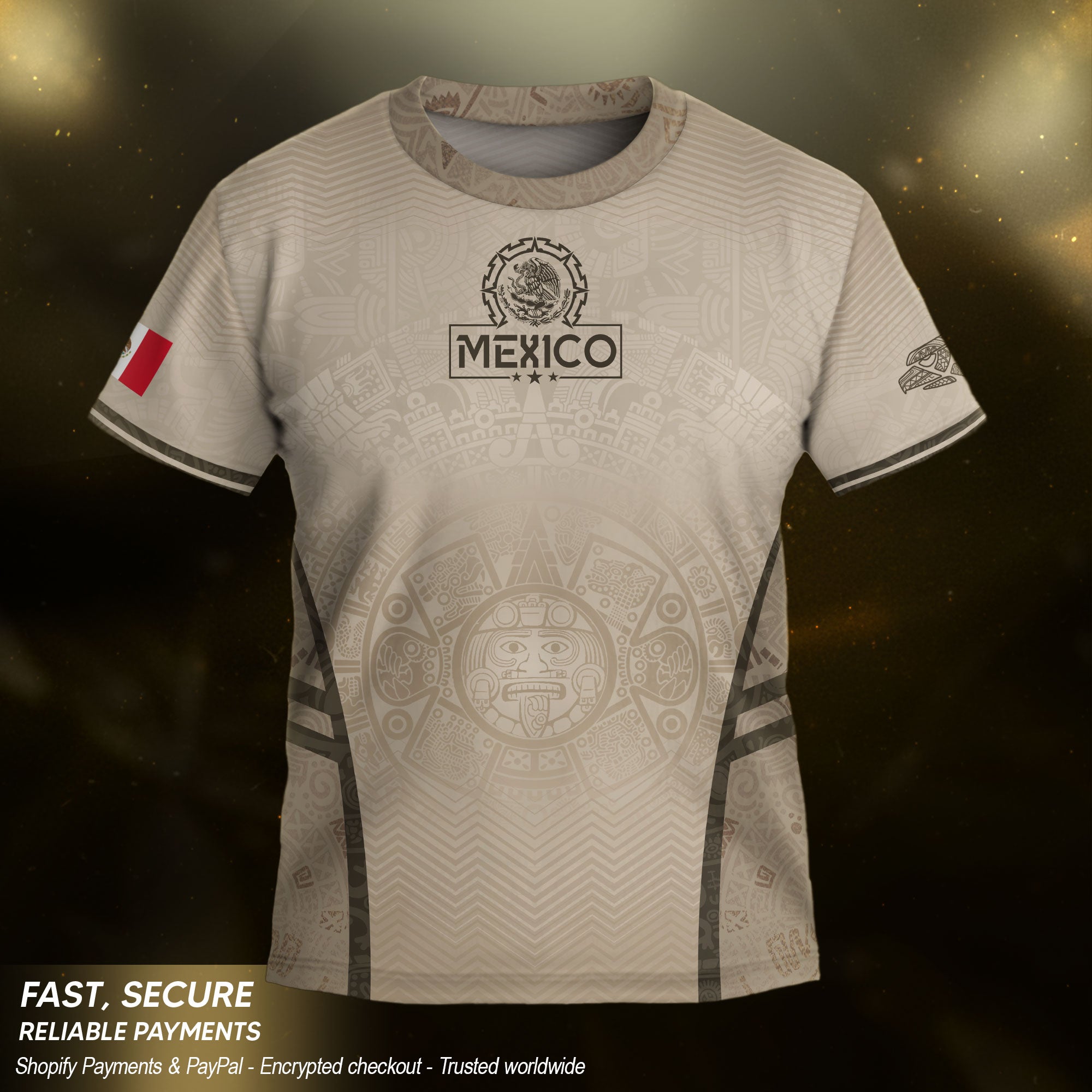 Mexico Kids Soccer Jersey Youth Beige Cream Aztec Calendar Eagle Heritage Football Shirt