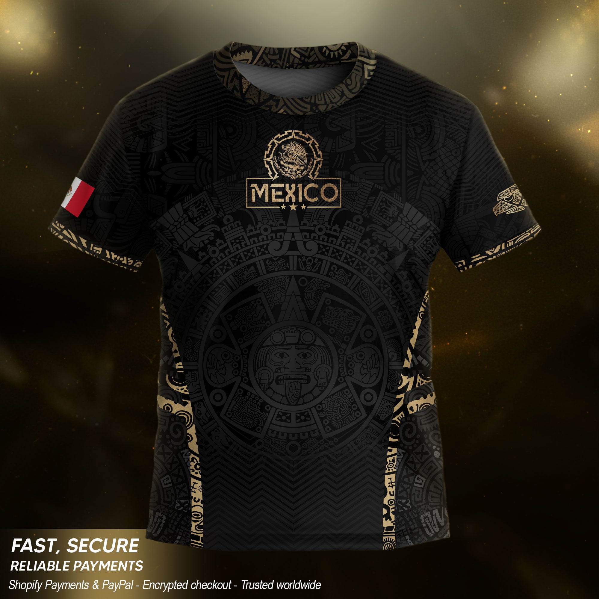 Mexico Kids Soccer Jersey Youth Black Gold Aztec Calendar Eagle Heritage Football Shirt
