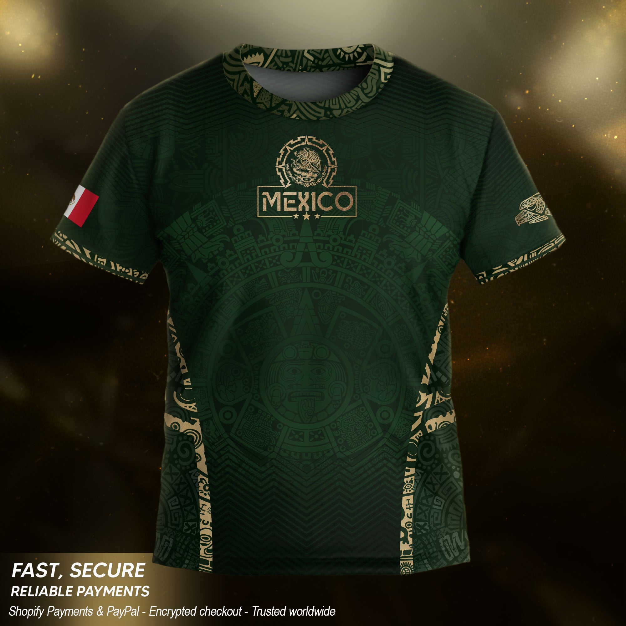 Mexico Kids Soccer Jersey Youth Green Gold Aztec Calendar Eagle Heritage Football Shirt