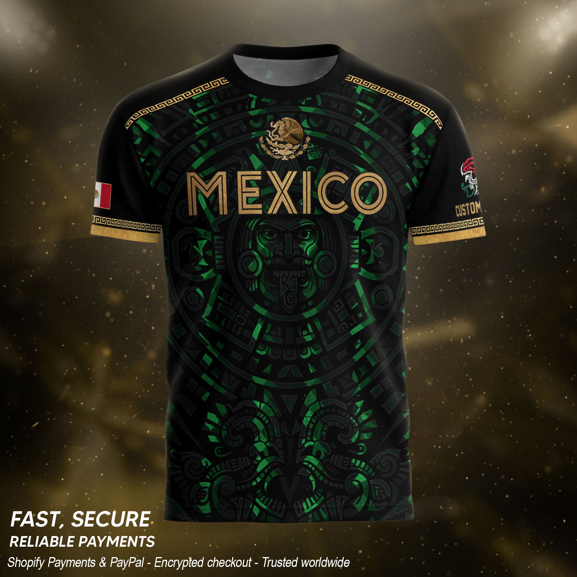 Camiseta de fútbol premium con emblema de águila azteca verde y dorado de México