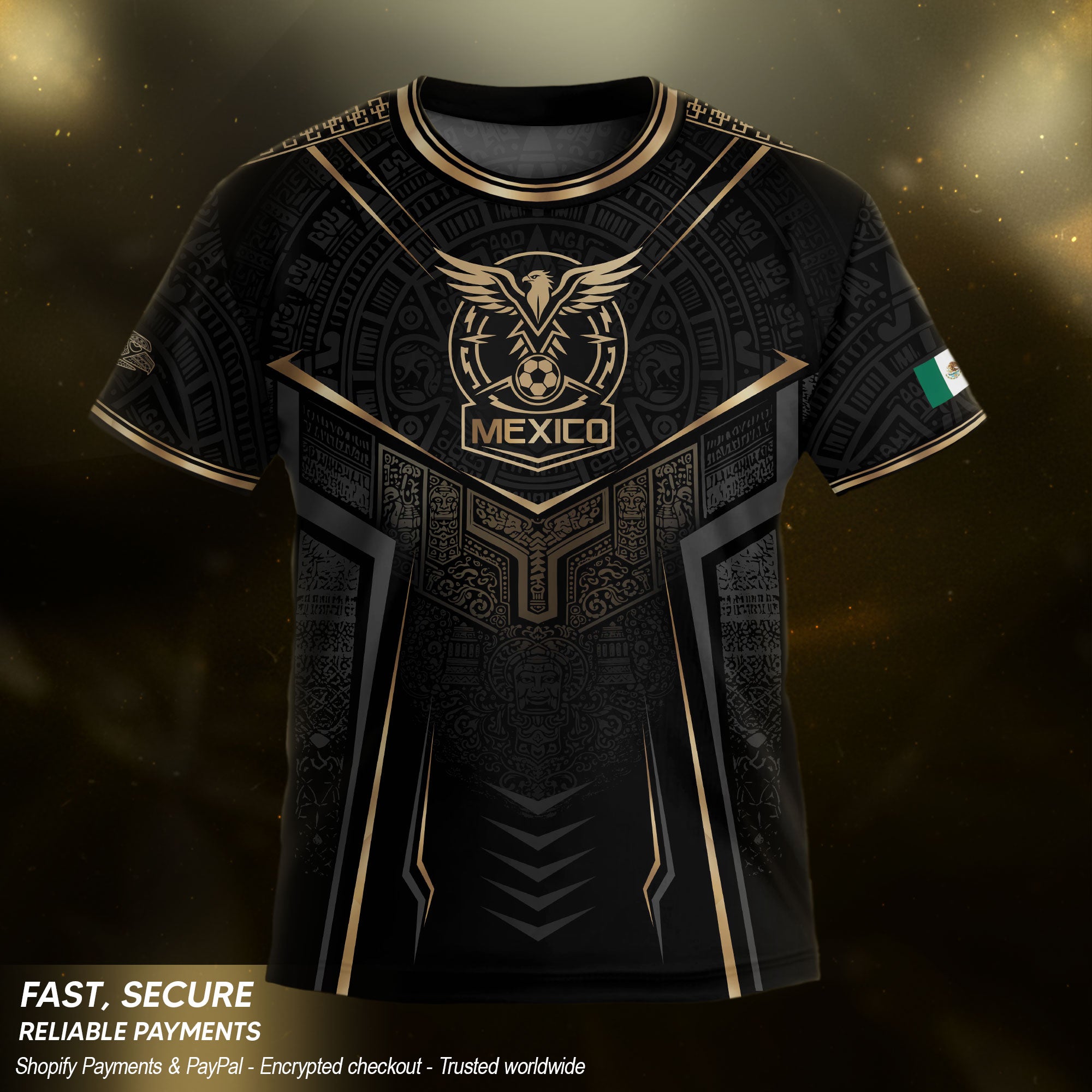 Mexico Youth Soccer Jersey Set Aztec Graphic Kids Football Uniform Black Gold Sportswear