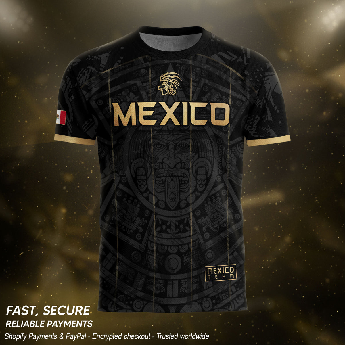 Men's Black Mexico Aztec Calendar Graphic T-Shirt – Gold Mexico Eagle Heritage Print Tee