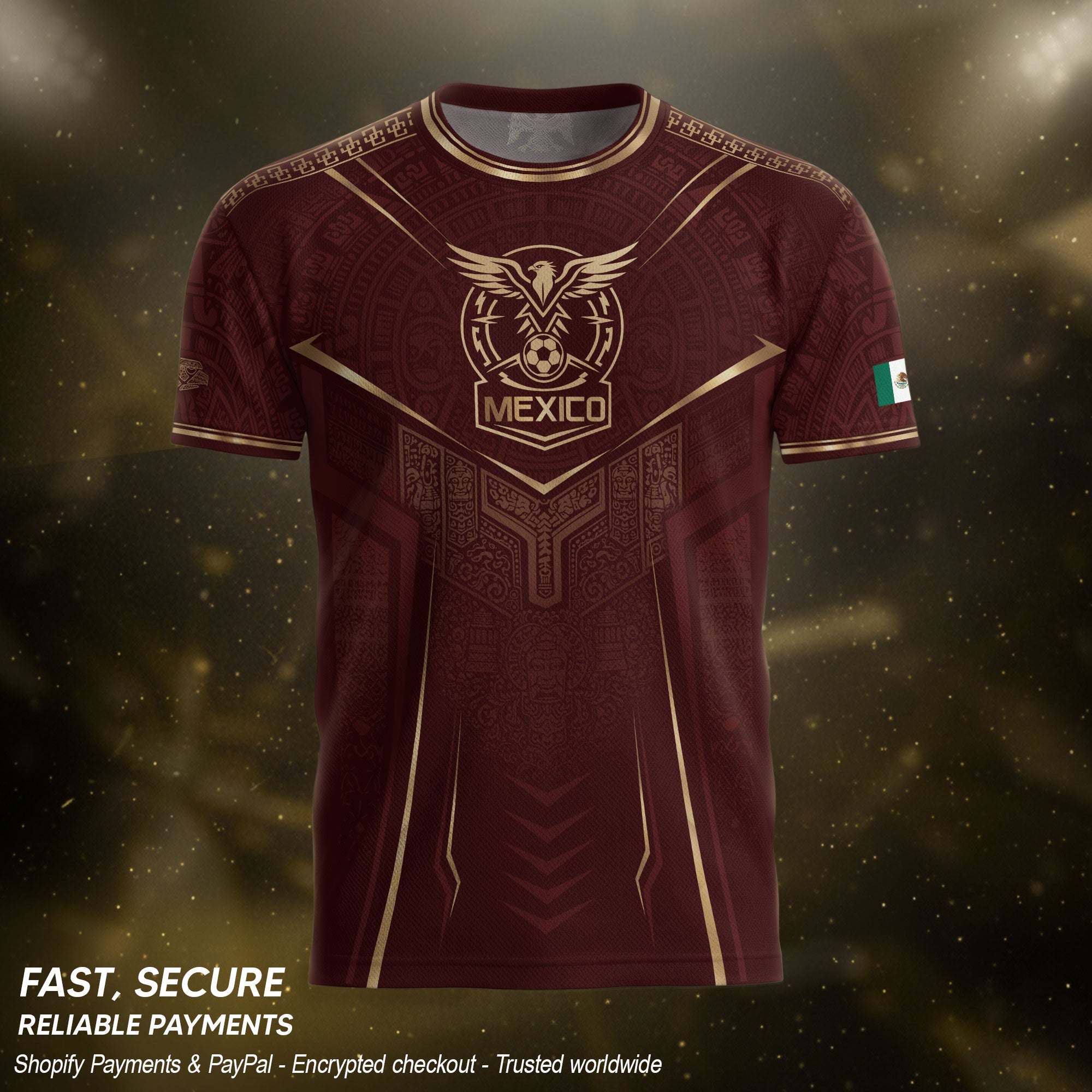 Camiseta de fútbol premium con emblema de águila azteca verde y dorado de México