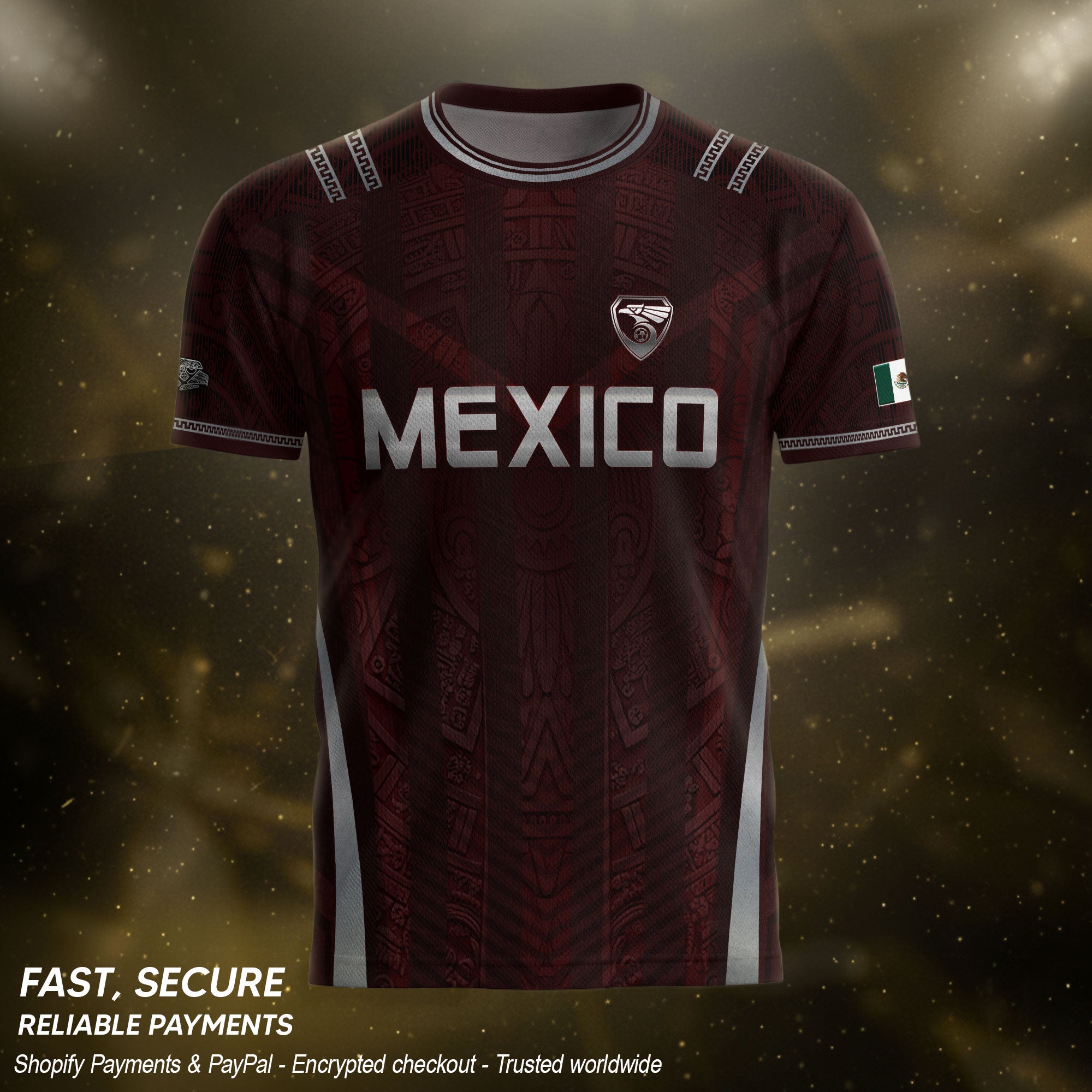 Camiseta de fútbol premium con emblema de águila azteca verde y dorado de México
