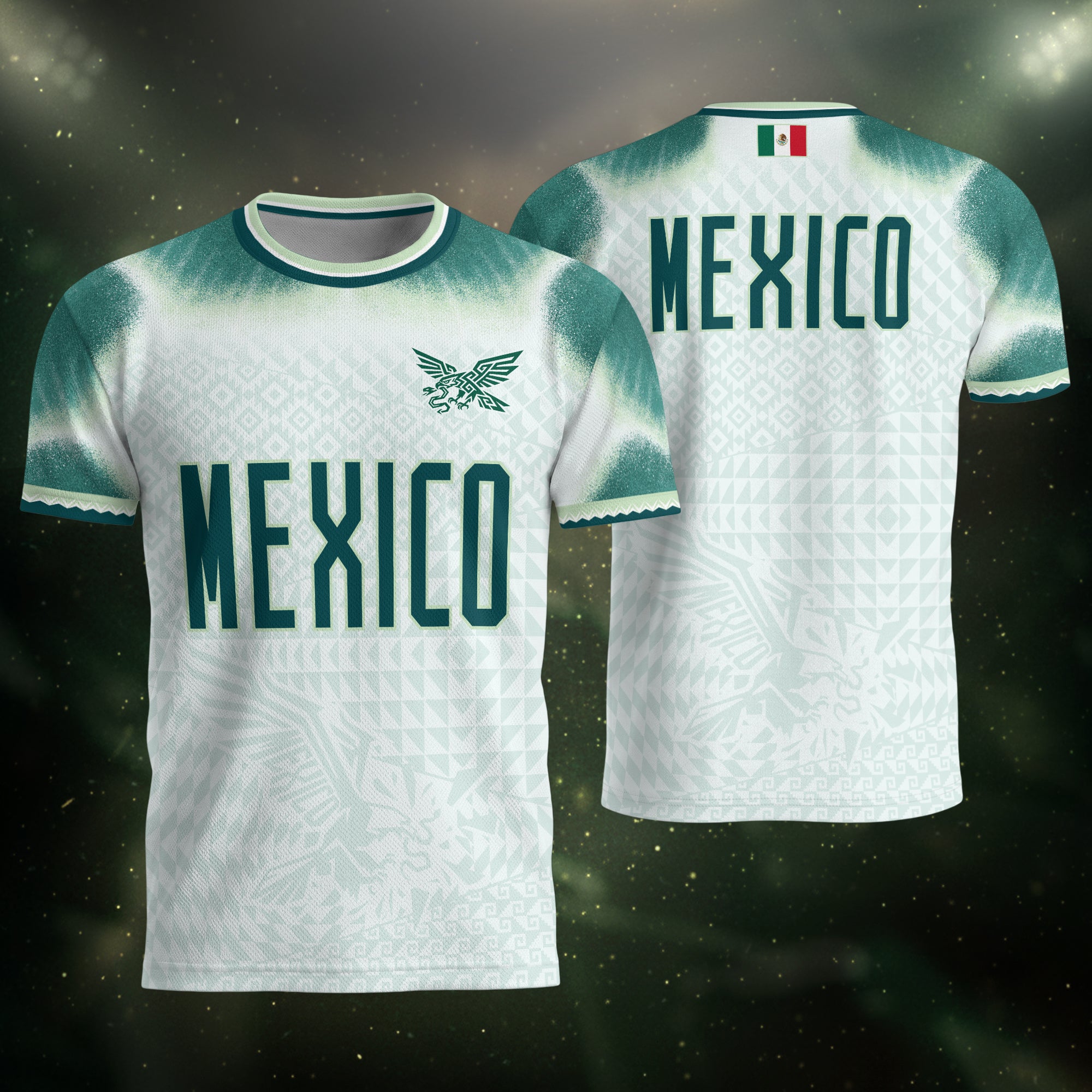 Camiseta de fútbol premium con emblema de águila azteca verde y dorado de México