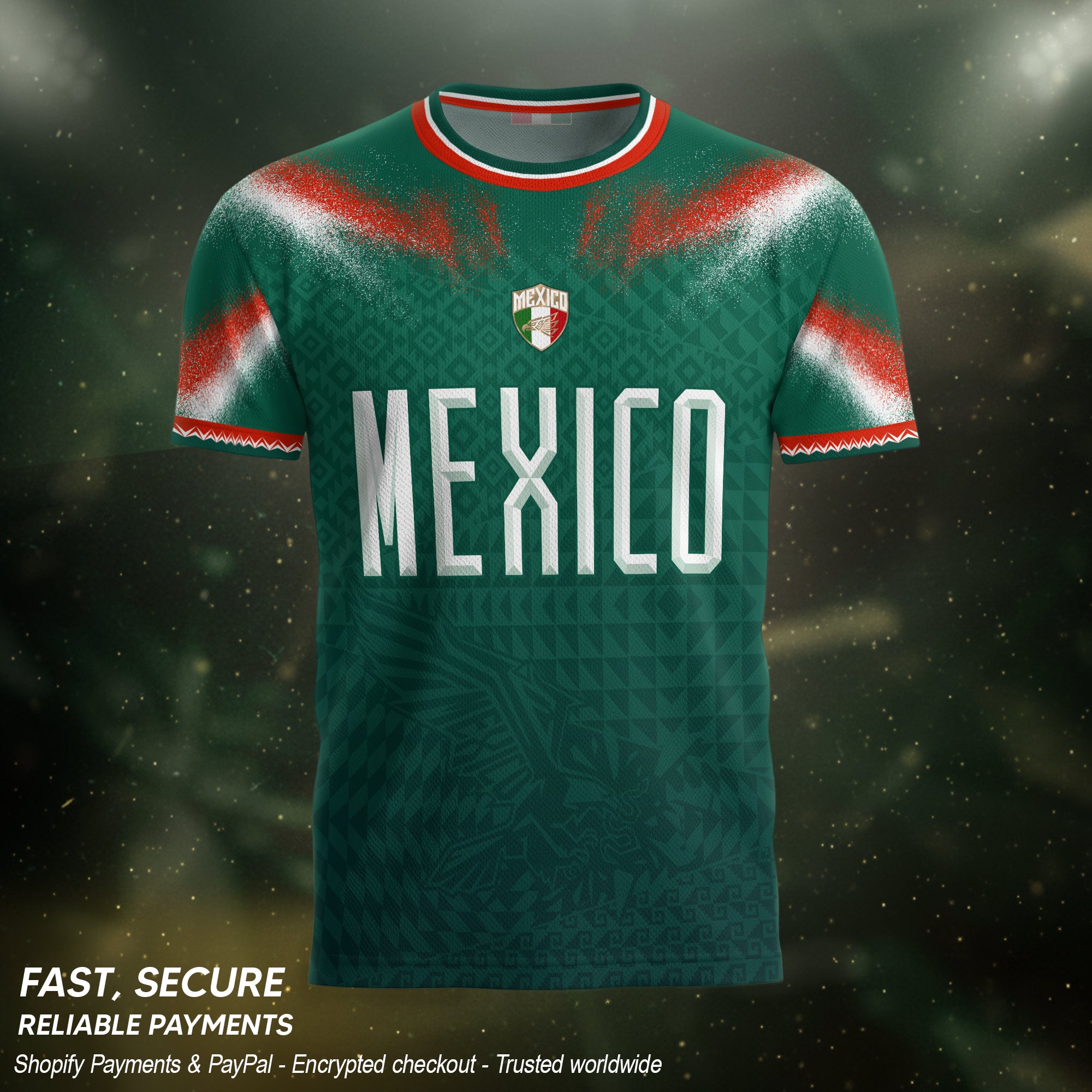 Camiseta de fútbol premium con emblema de águila azteca verde y dorado de México