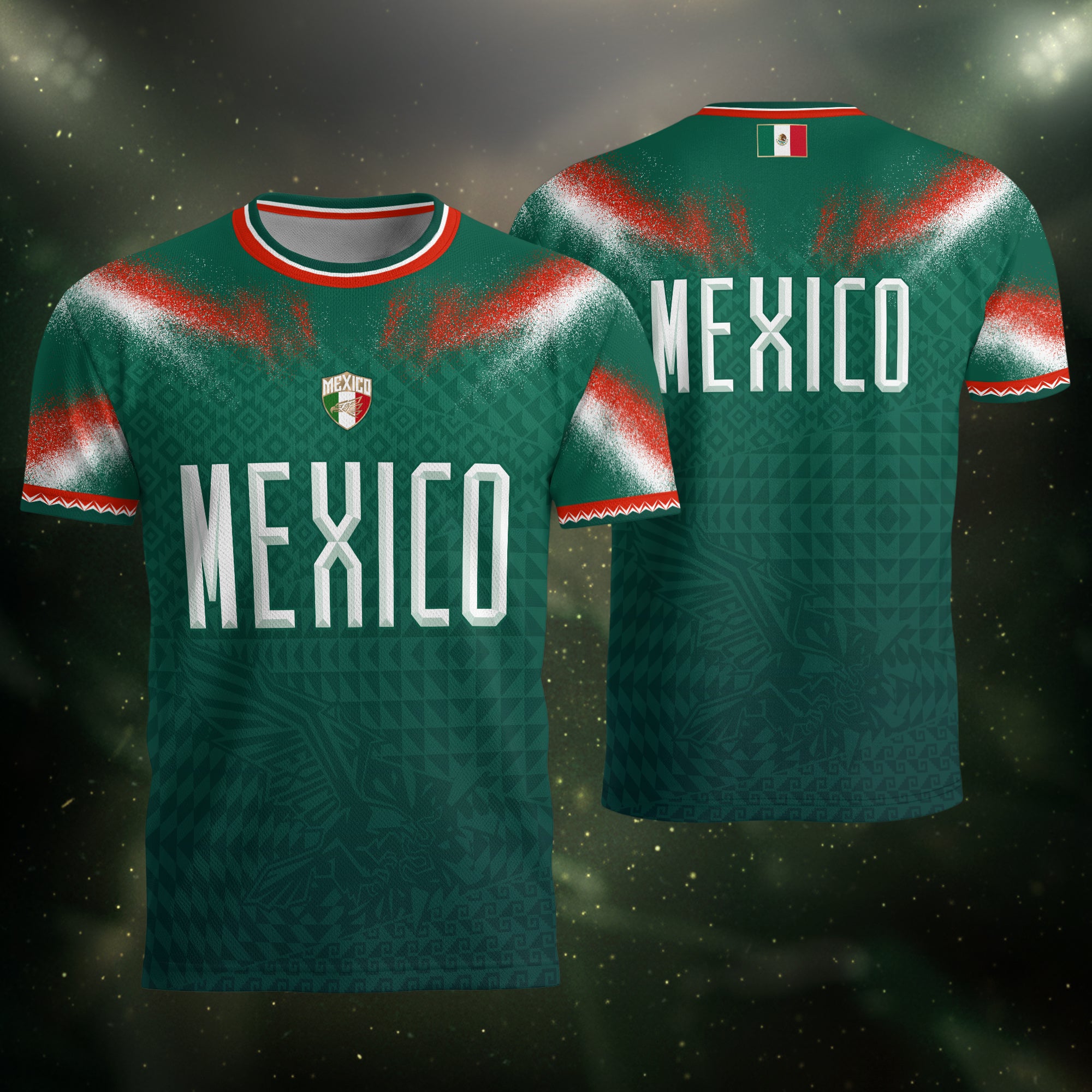 Camiseta de fútbol premium con emblema de águila azteca verde y dorado de México