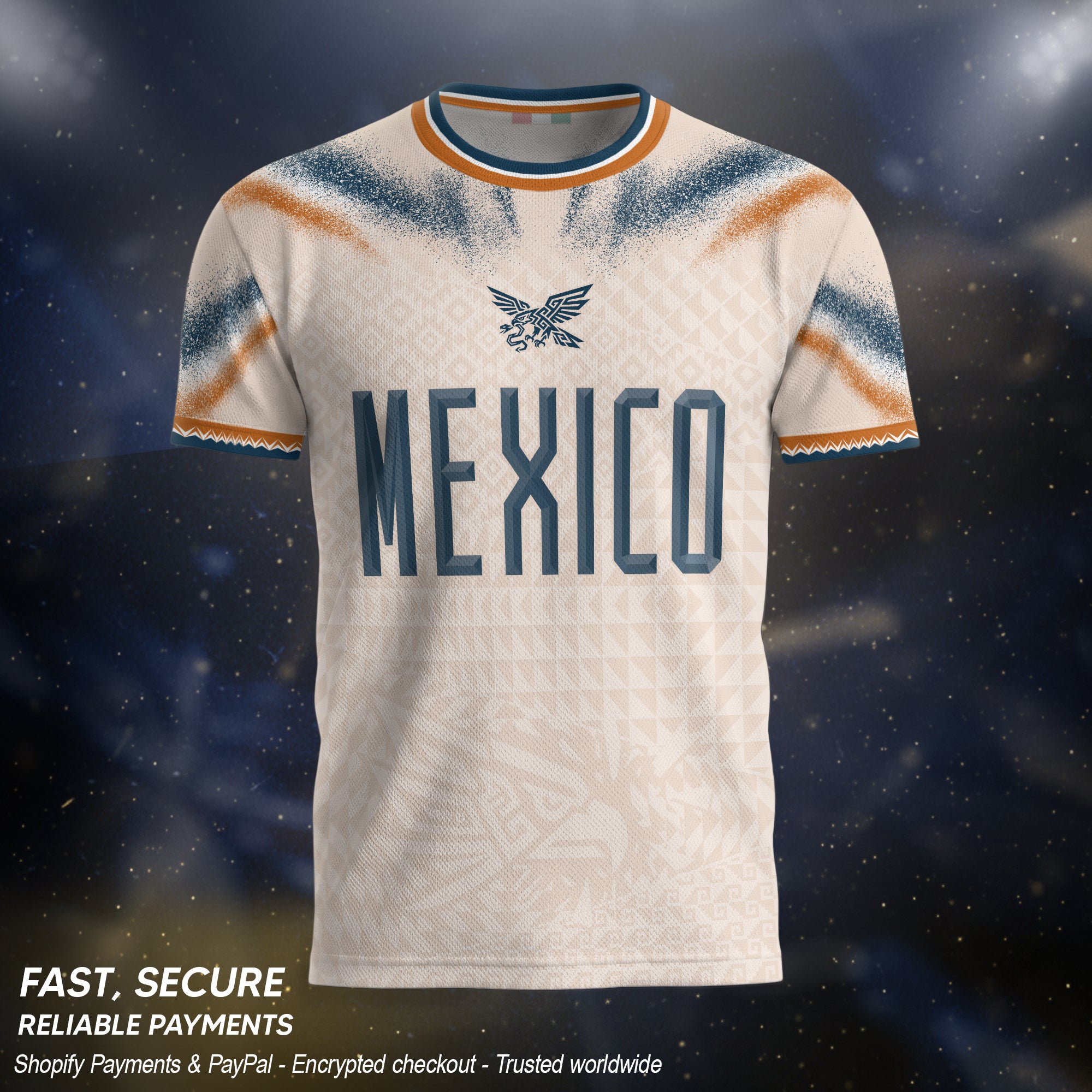 Camiseta de fútbol premium con emblema de águila azteca verde y dorado de México