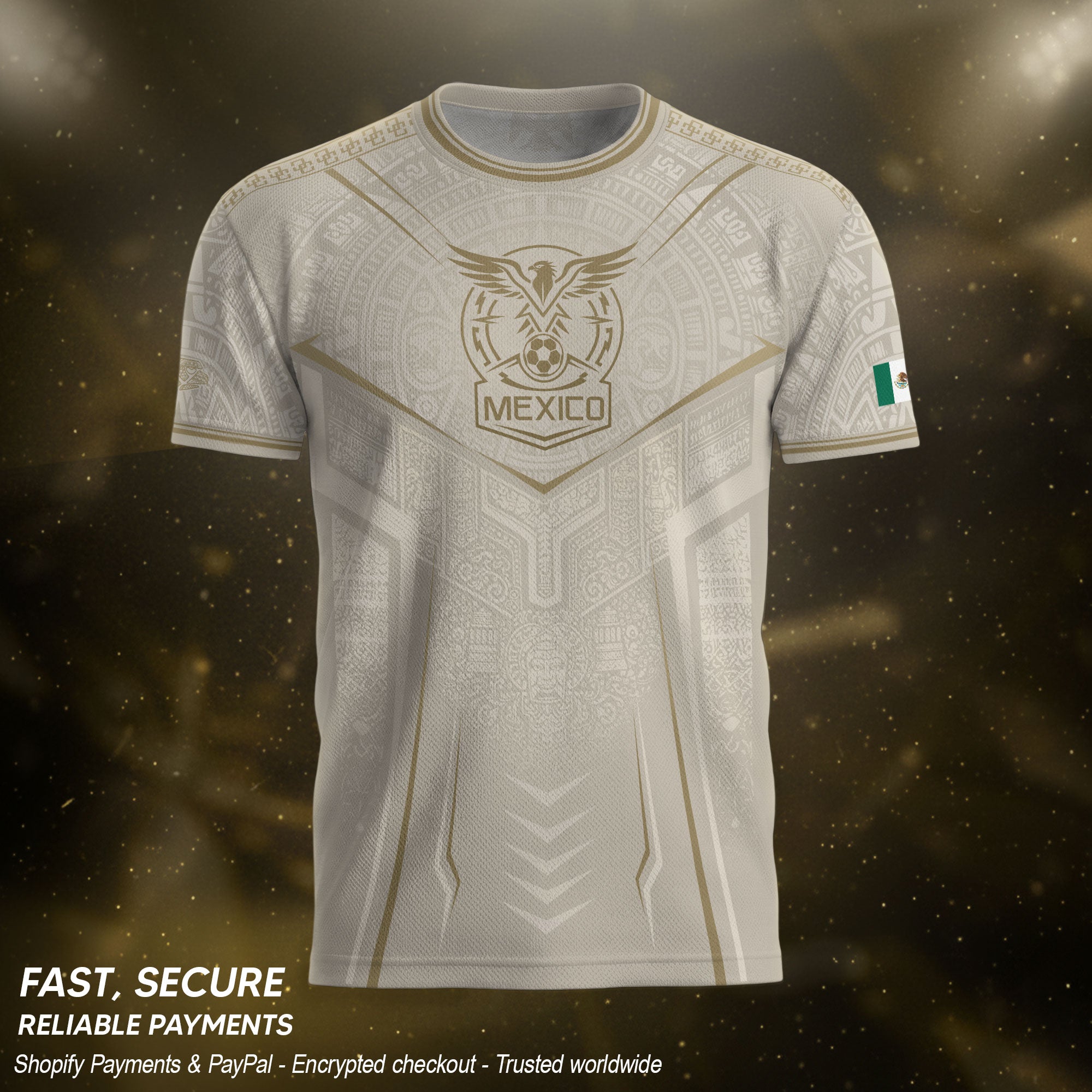 Camiseta de fútbol premium con emblema de águila azteca verde y dorado de México
