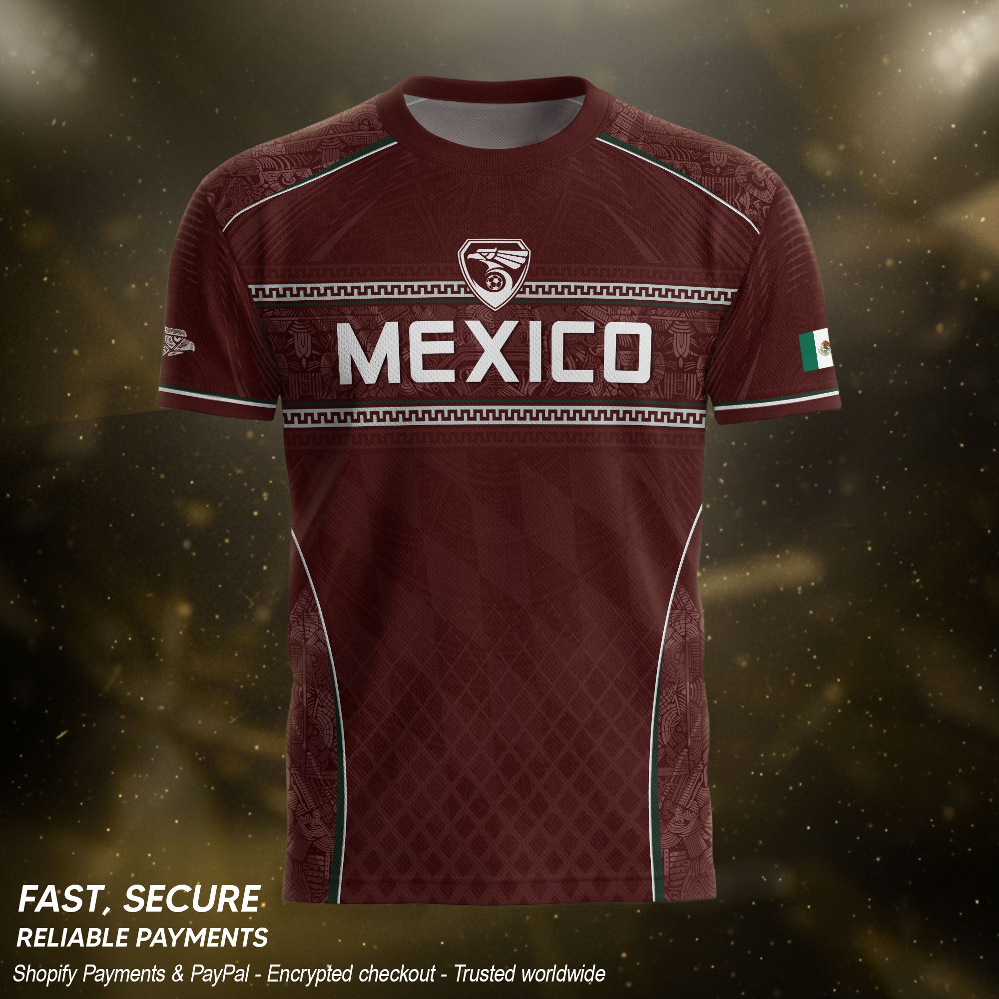 Camiseta de fútbol premium con emblema de águila azteca verde y dorado de México