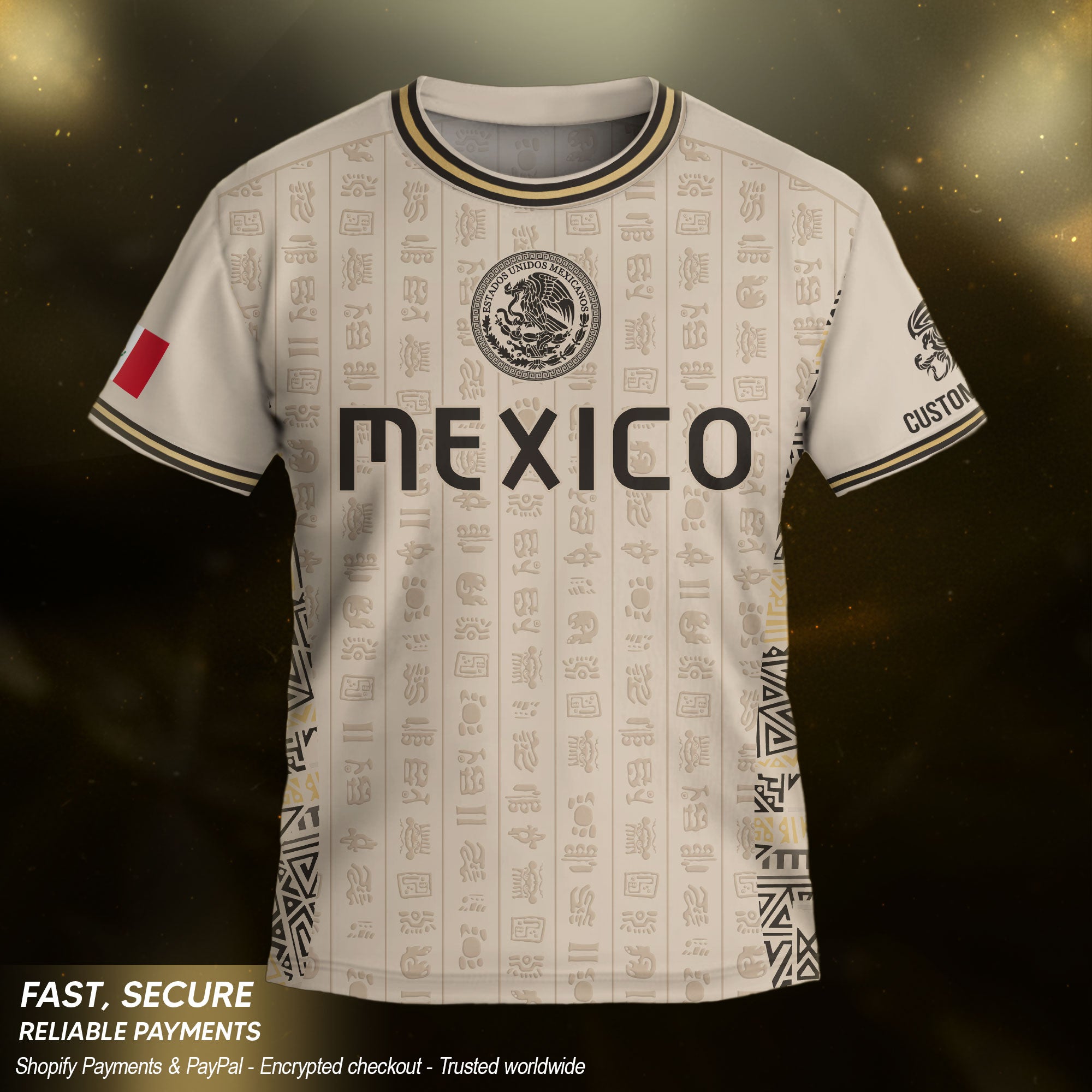 Custom Kid Mexico Soccer Jersey Sand Color Mayan Graphic Personalized Youth Top