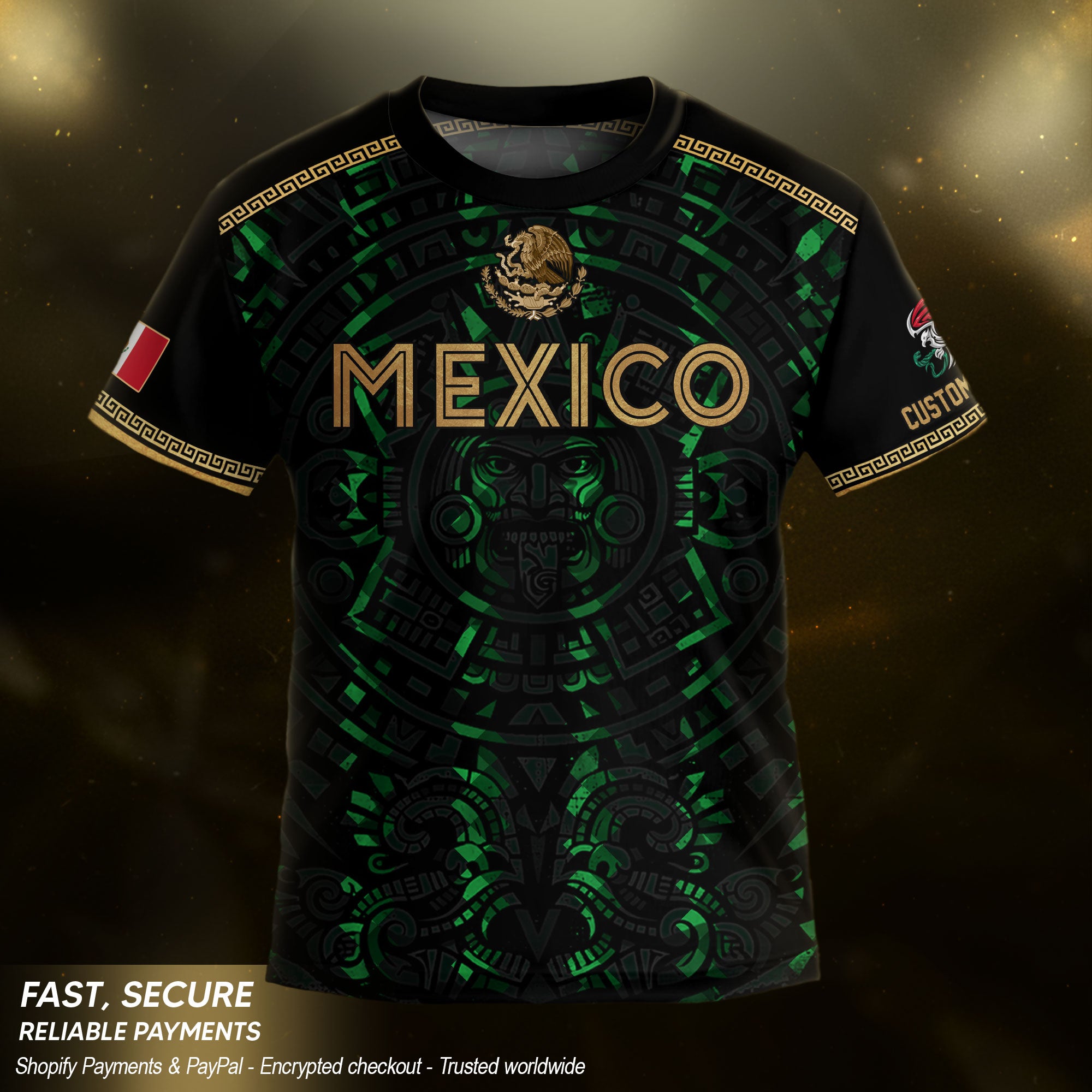 Custom Kid Mexico Soccer Jersey Black Green Design Tribal Pattern Sport Shirt