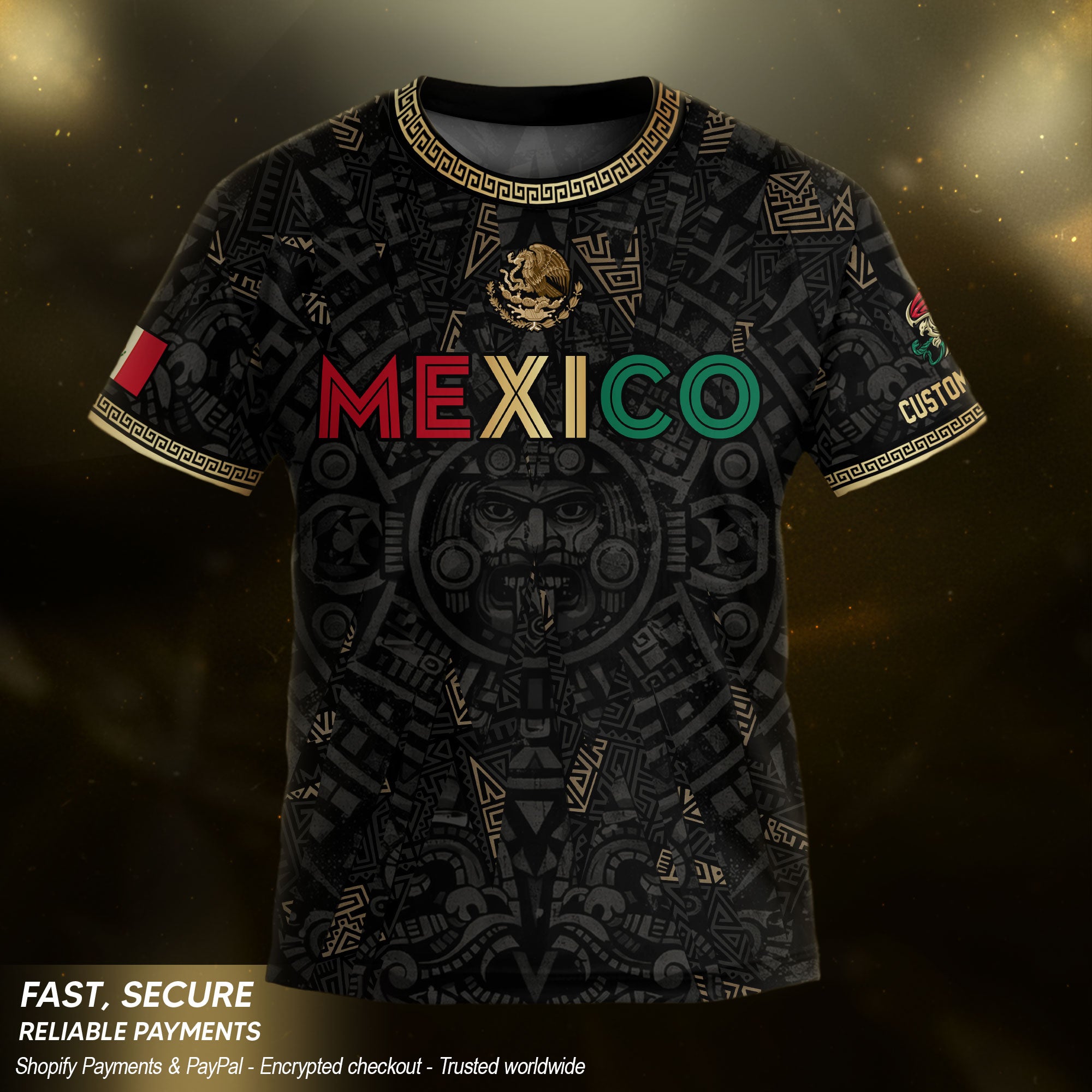 Custom Kid Mexico Soccer Jersey Black Gold Edition Mayan Print Custom Name Tee