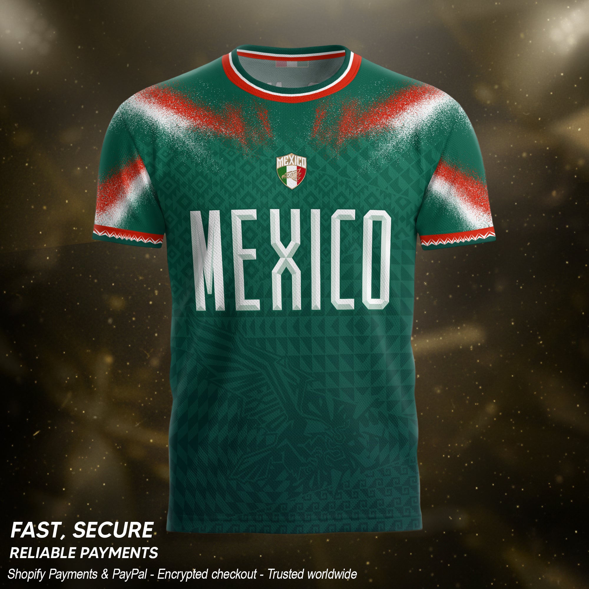Camiseta de fútbol premium con emblema de águila azteca verde y dorado de México