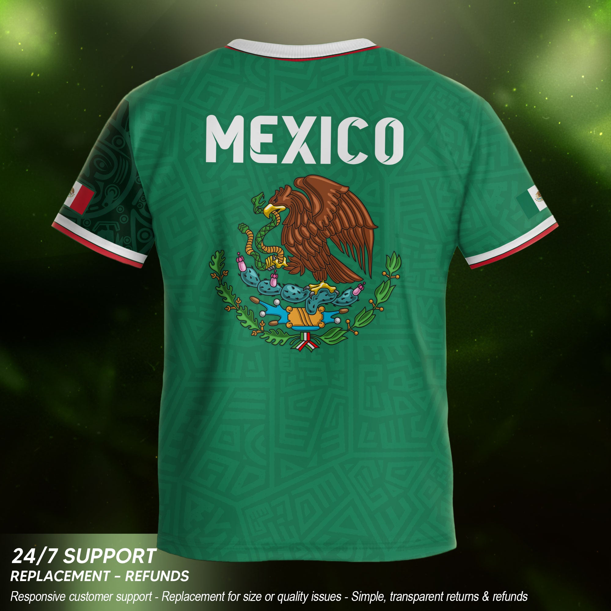 Camiseta de fútbol infantil de México con diseño de escudo con patrón azteca verde