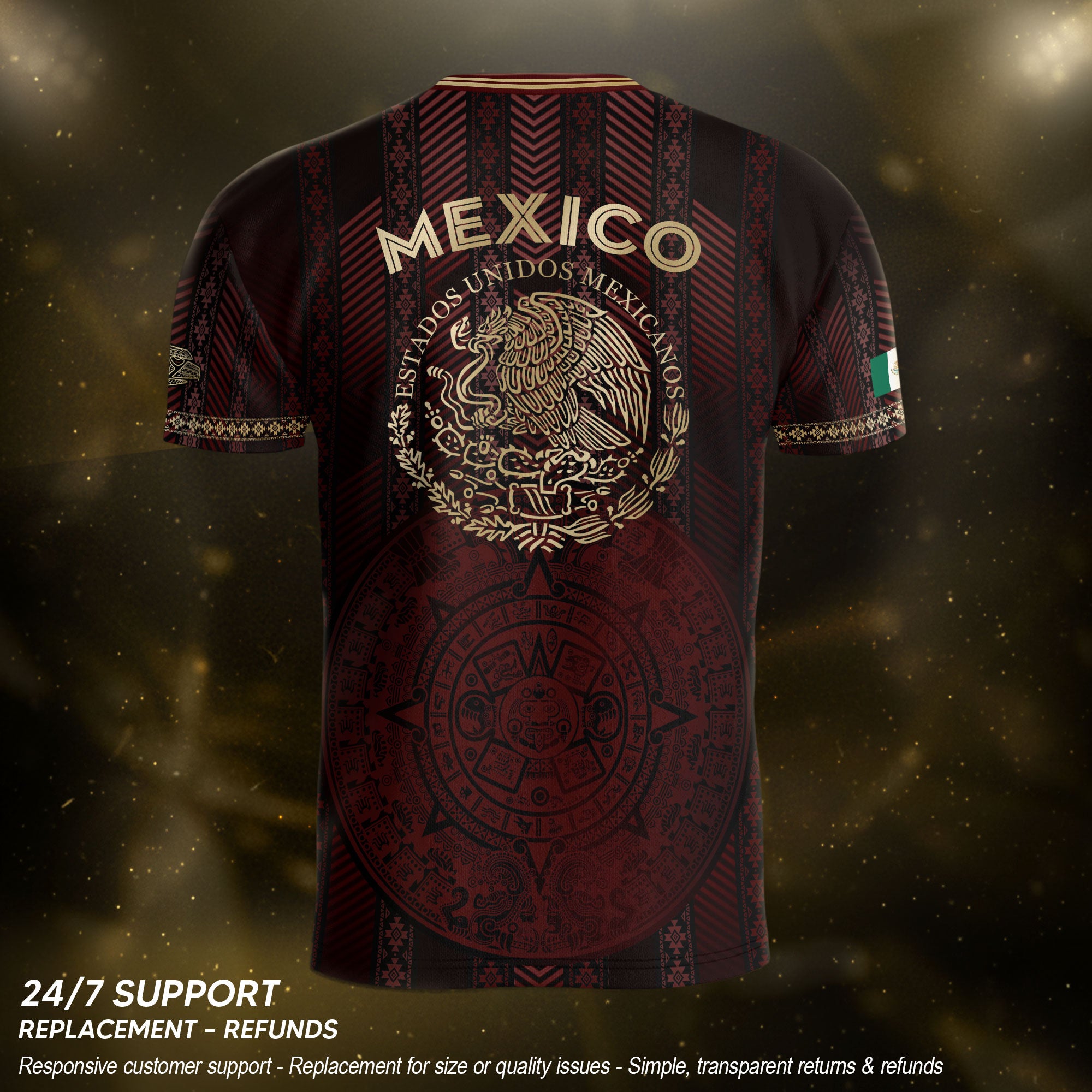 Mexico Burgundy Soccer Jersey with Golden Aztec Calendar and Eagle Crest