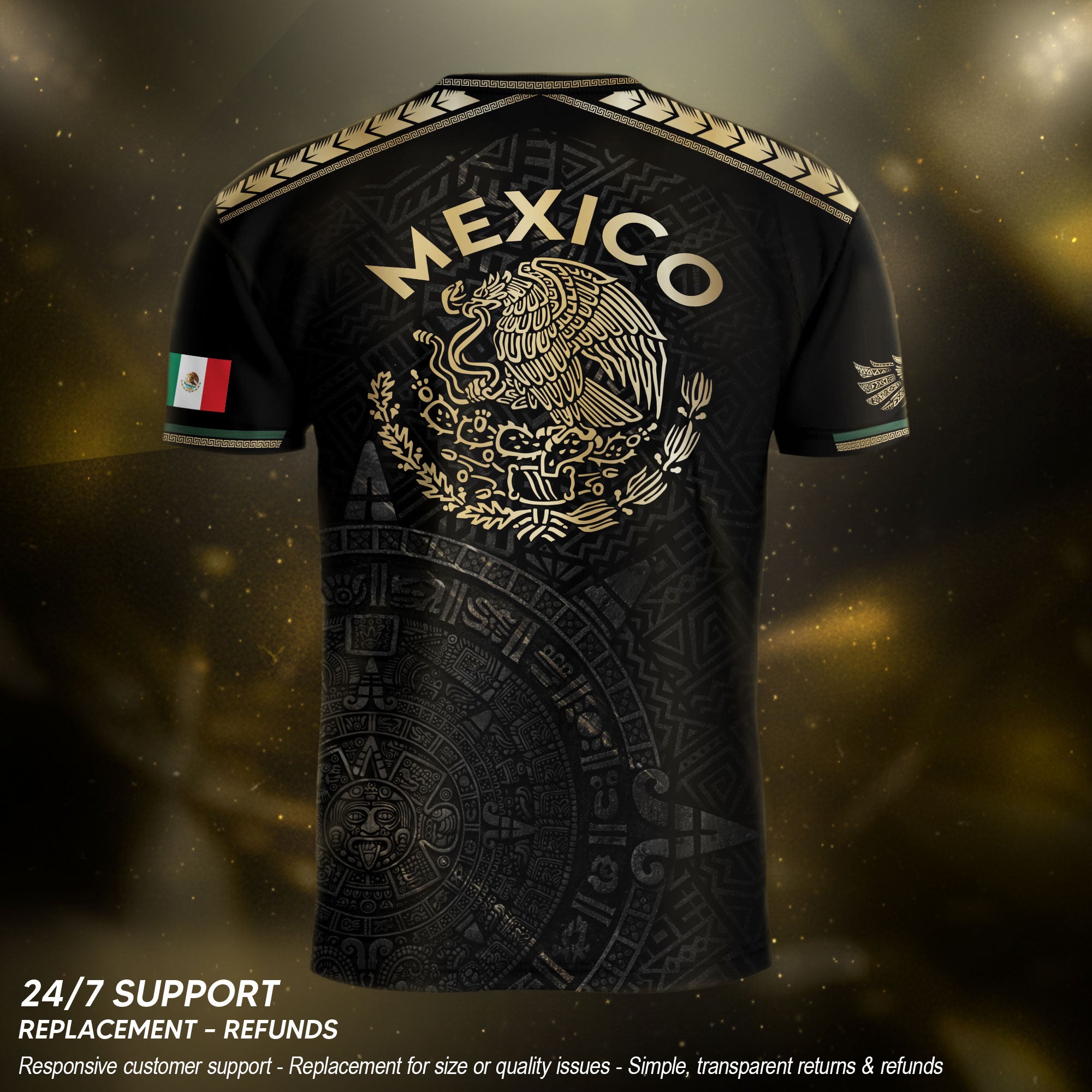 Mexico Heritage Orgullo Mexicano Black Gold Sash Aztec Calendar Gold Shoulder Soccer Jersey