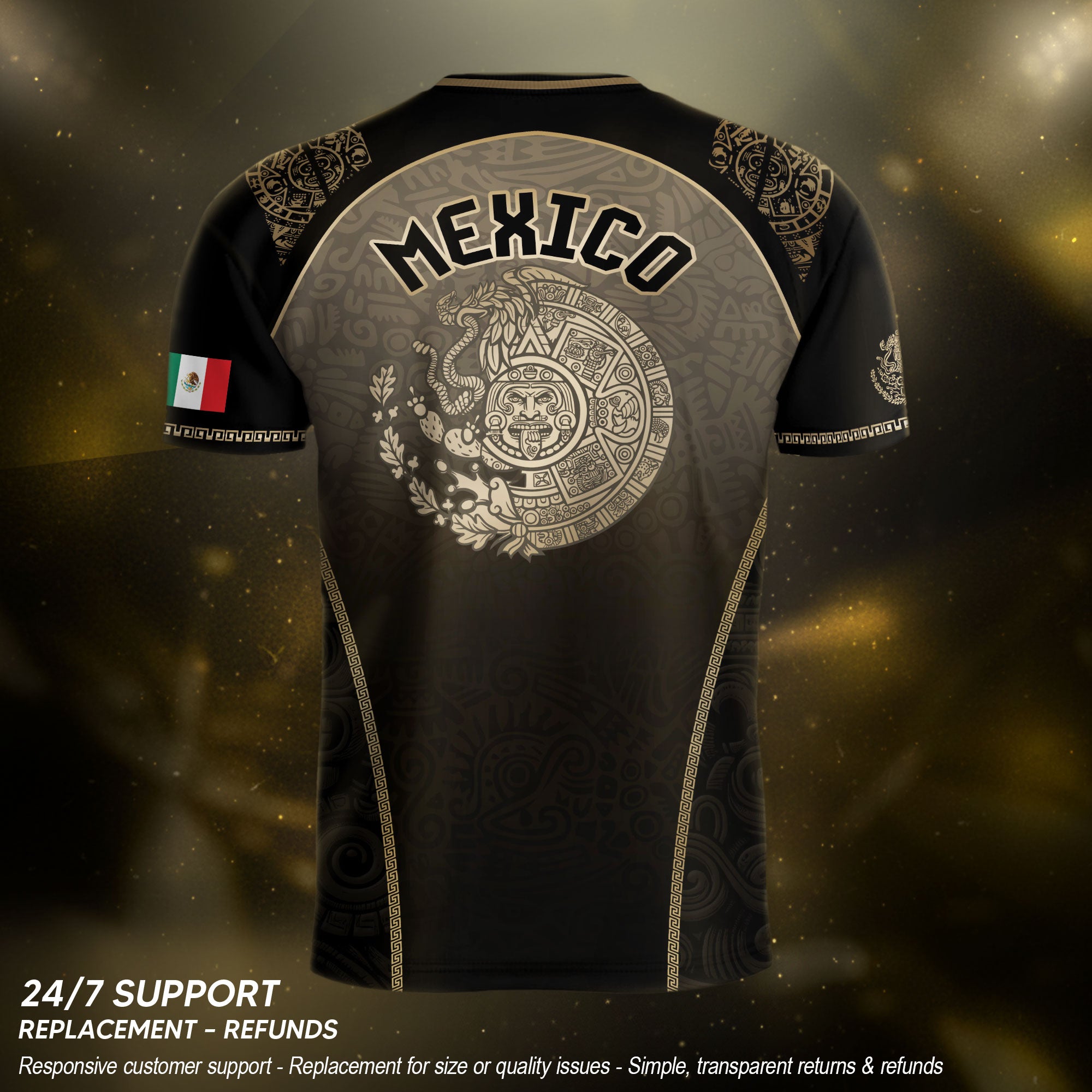 Mexico Heritage Black Tan Arch Design Aztec Empire Pride Graphic Soccer Jersey