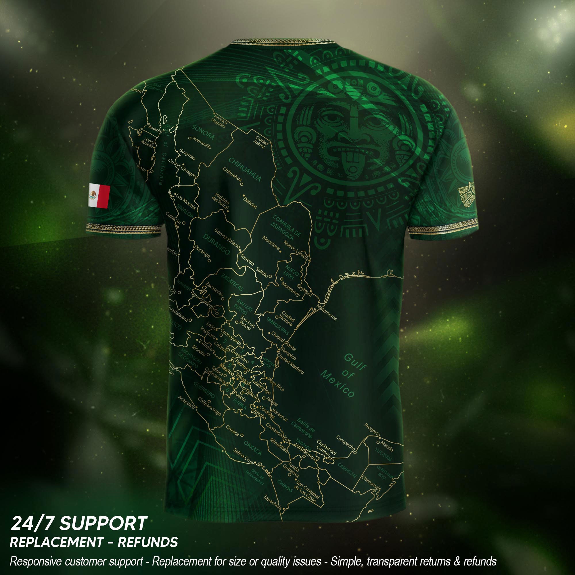 Mexico Heritage Orgullo Mexicano Green Gold Detailed Country Map Aztec Calendar Soccer Jersey
