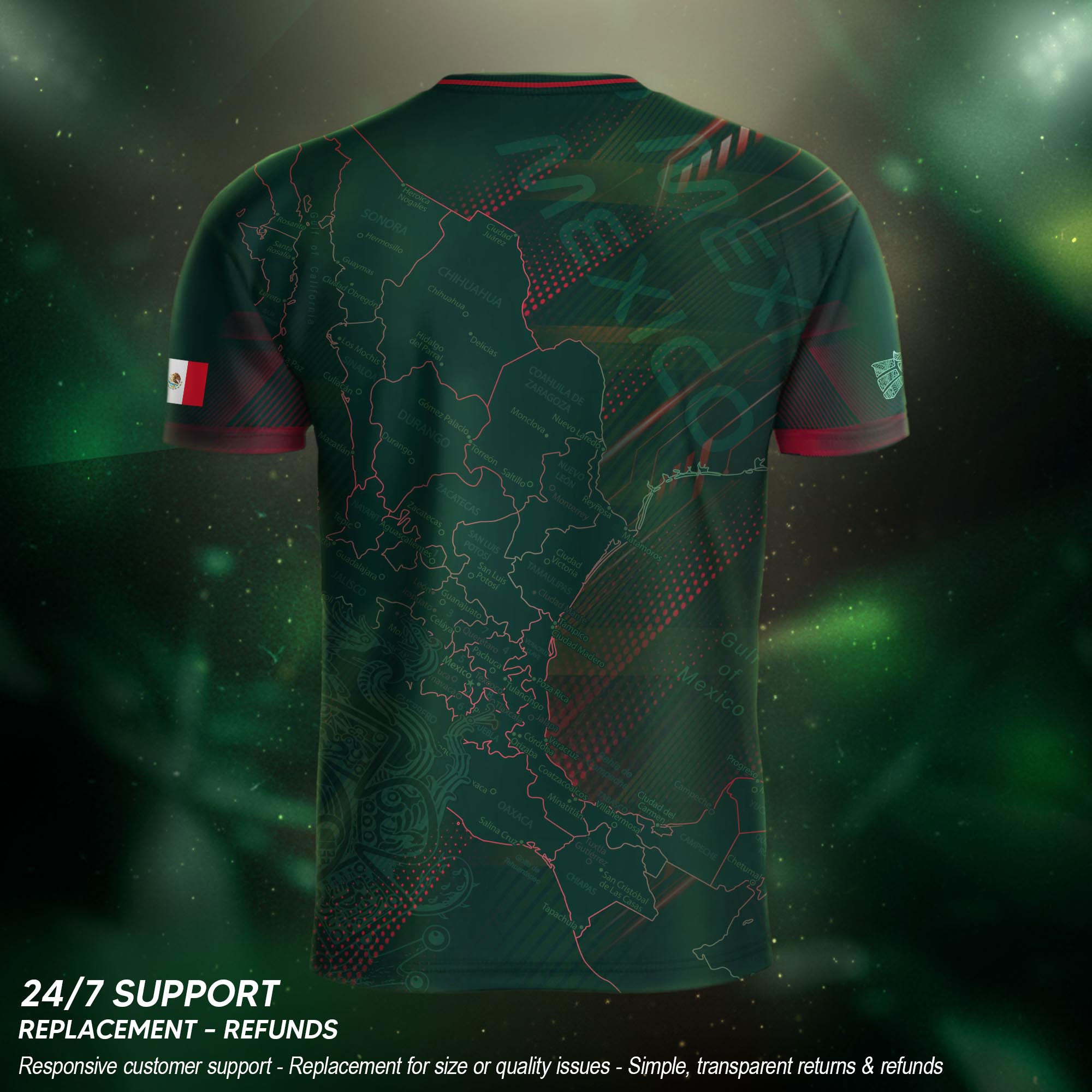 Mexico Heritage Orgullo Mexicano Green Red Detailed Country Map Aztec Soccer Jersey