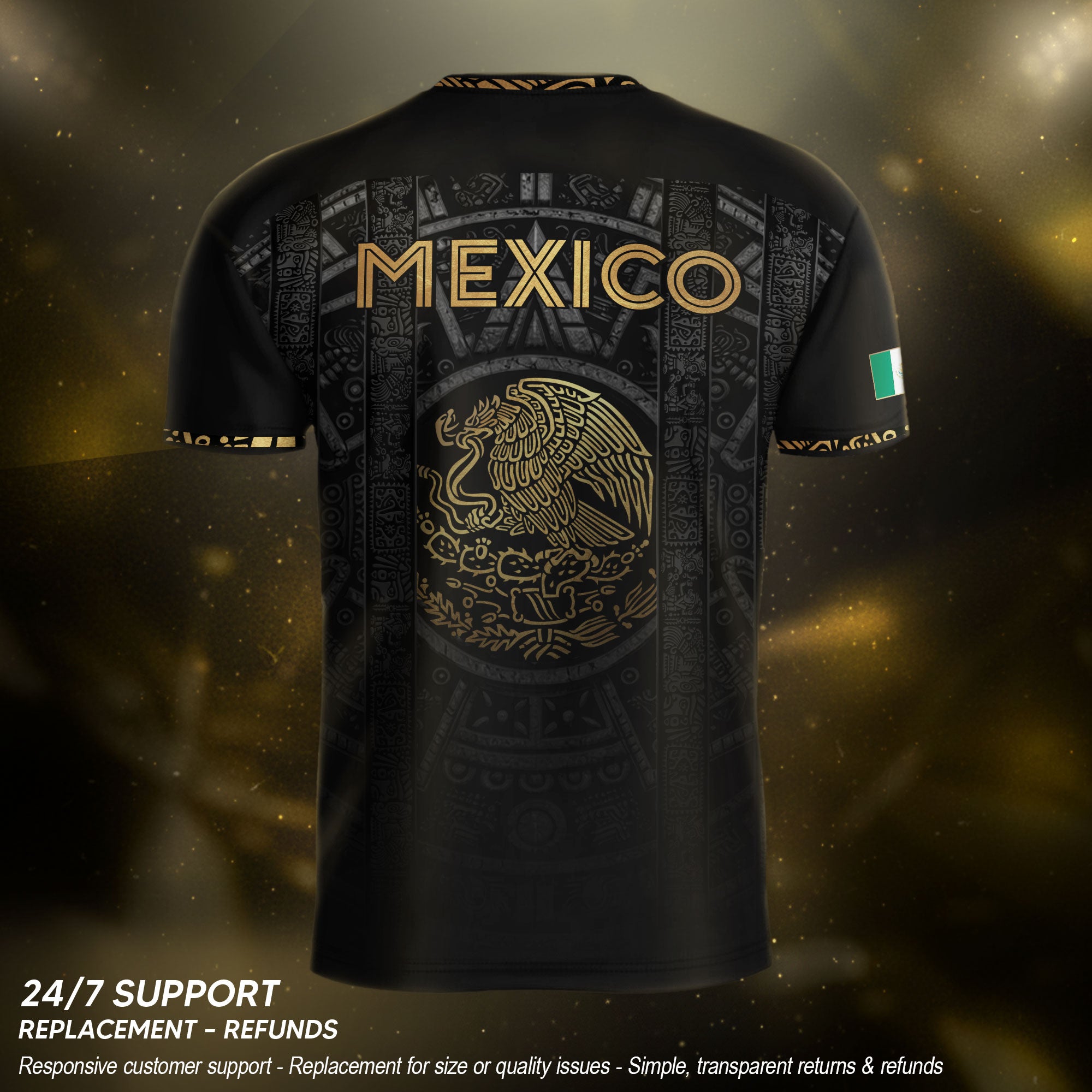 Mexico Heritage Orgullo Mexicano Black Gold Aztec Sun Stone Calendar Soccer Jersey