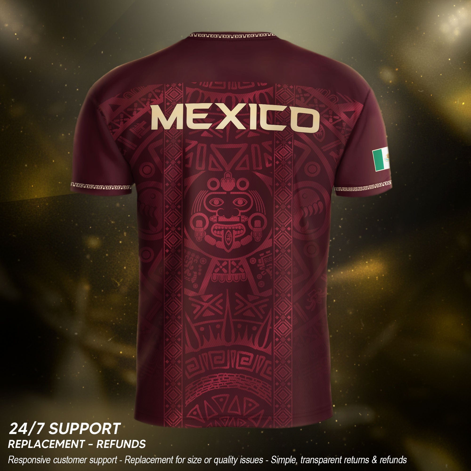 Mexico Heritage Orgullo Mexicano Maroon Burgundy Aztec Calendar Sun Stone Soccer Jersey