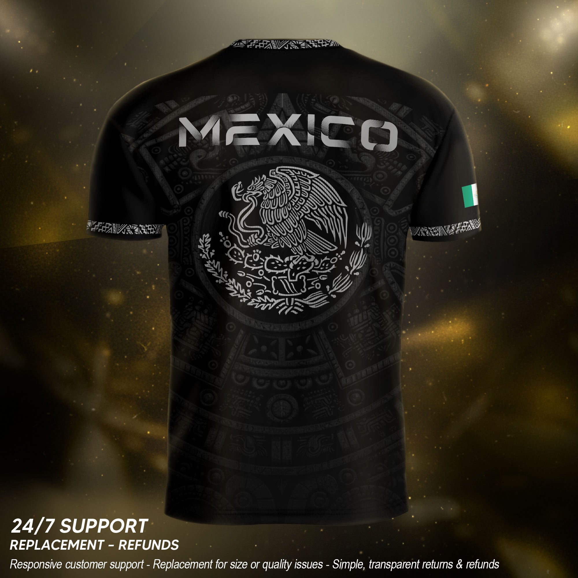 Camiseta de fútbol premium con emblema de águila azteca verde y dorado de México