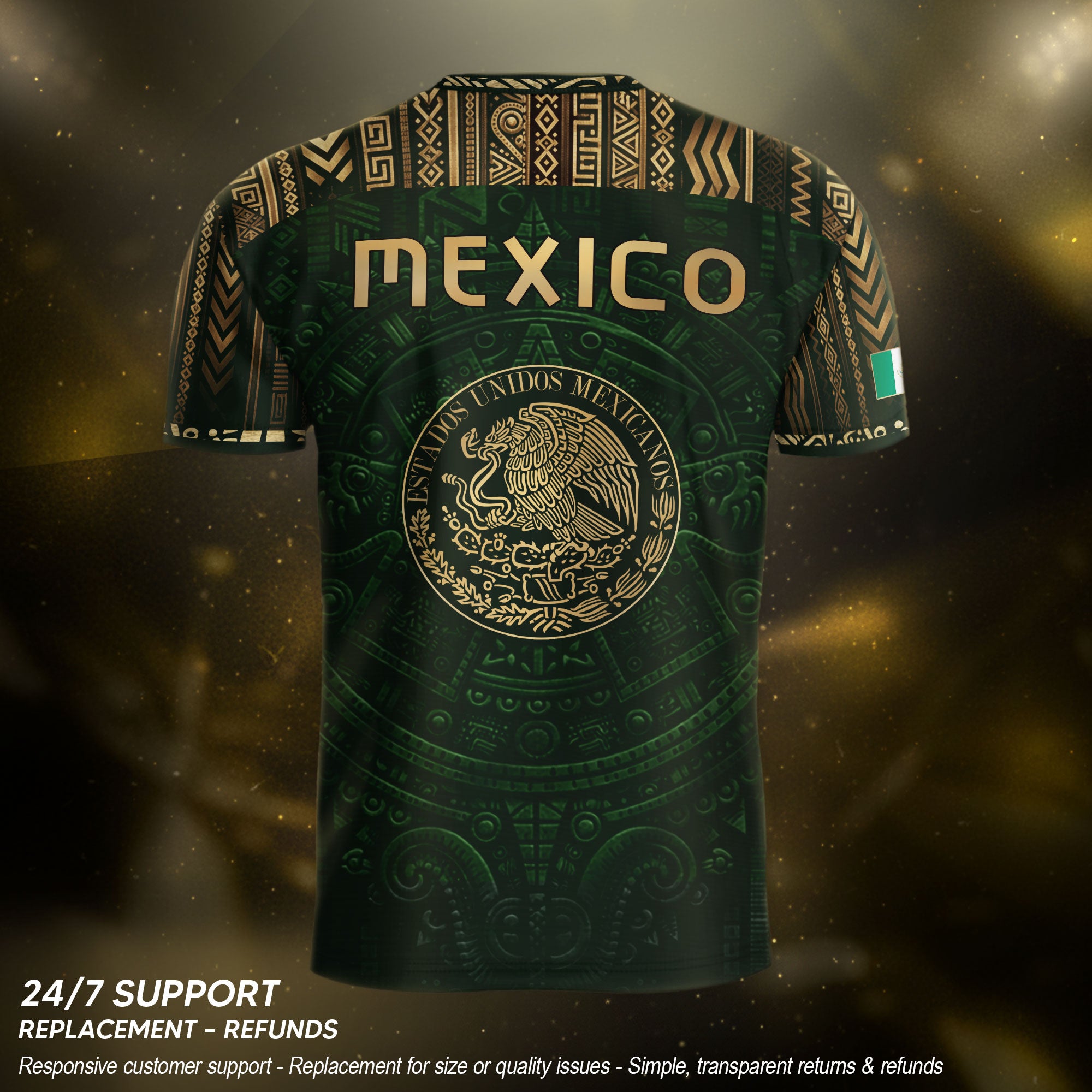 Camiseta de fútbol premium con emblema de águila azteca verde y dorado de México