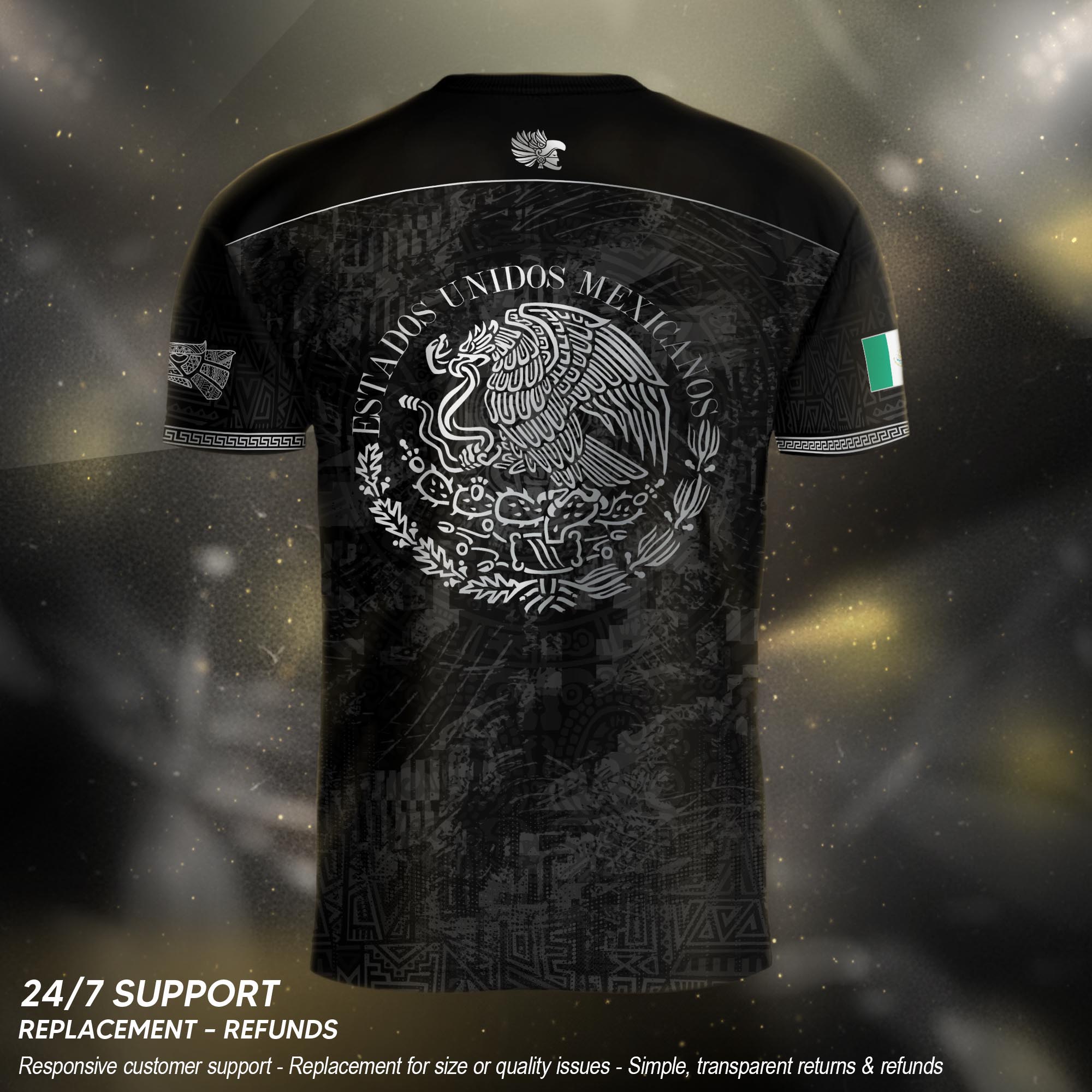 Mexico Heritage Black Silver Distressed Style Aztec Empire Pride Graphic Soccer Jersey