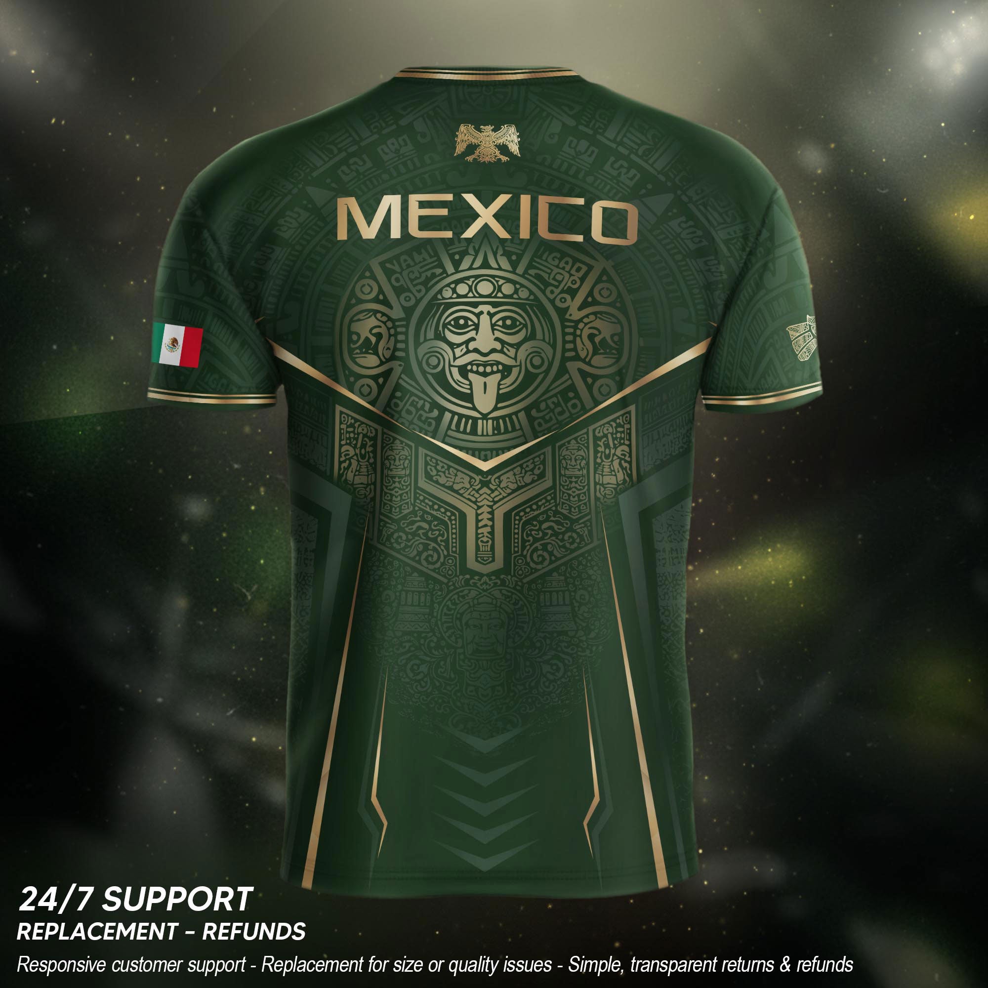 Camiseta de fútbol premium con emblema de águila azteca verde y dorado de México