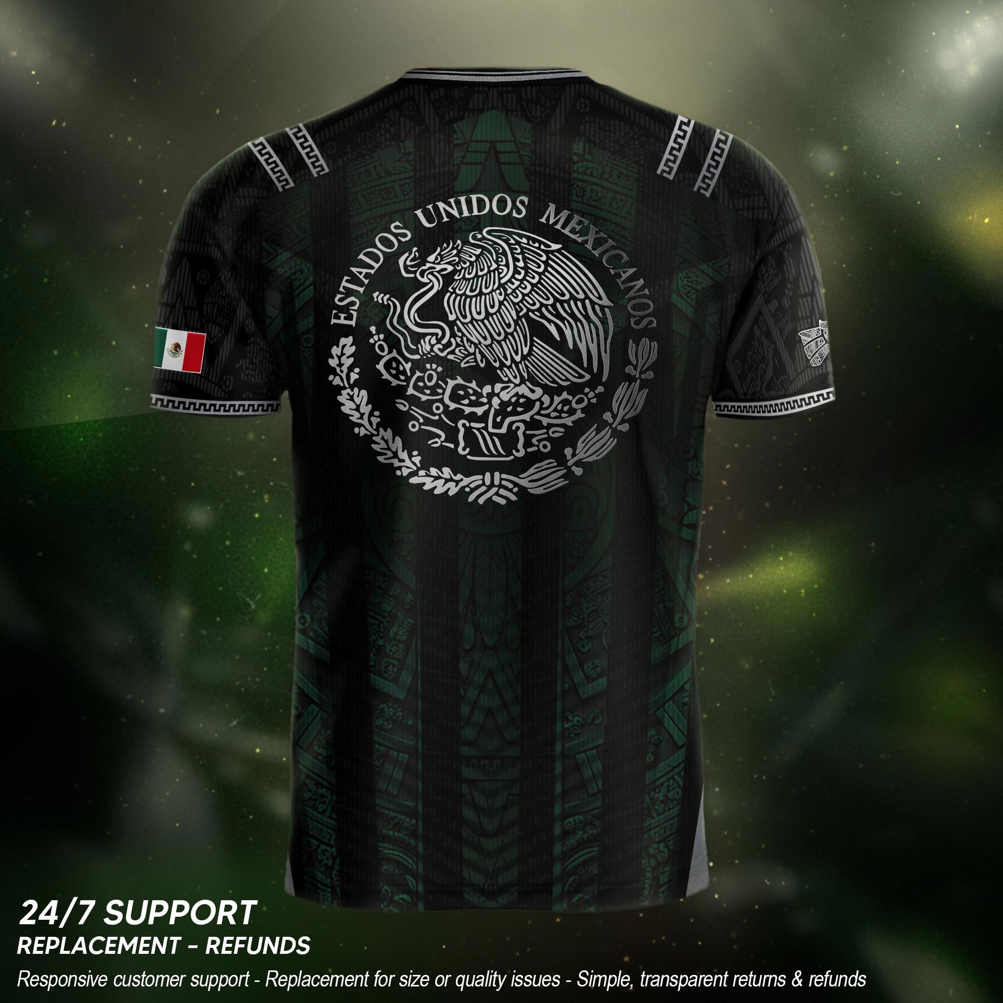 Camiseta de fútbol premium con emblema de águila azteca verde y dorado de México