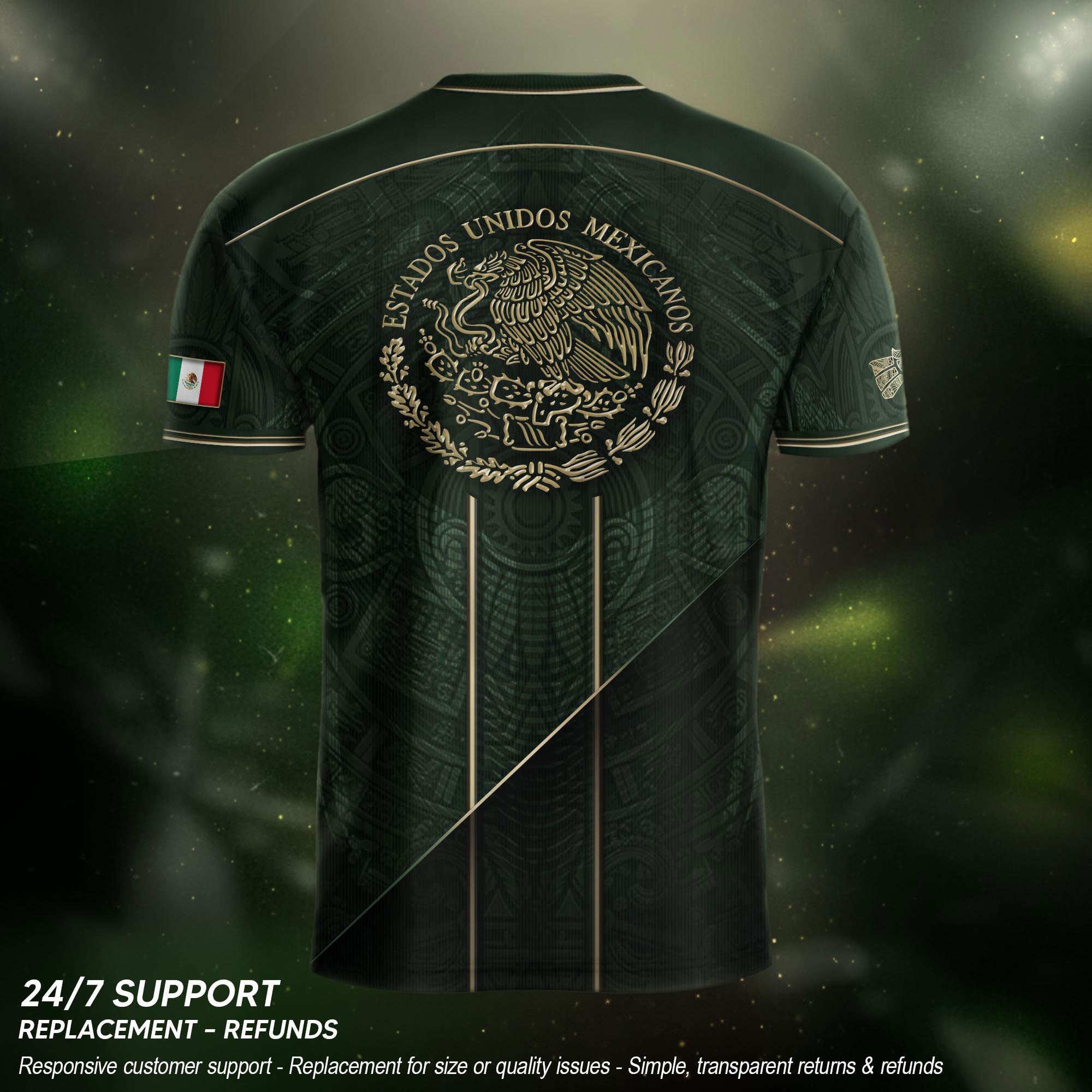 Camiseta de fútbol premium con emblema de águila azteca verde y dorado de México