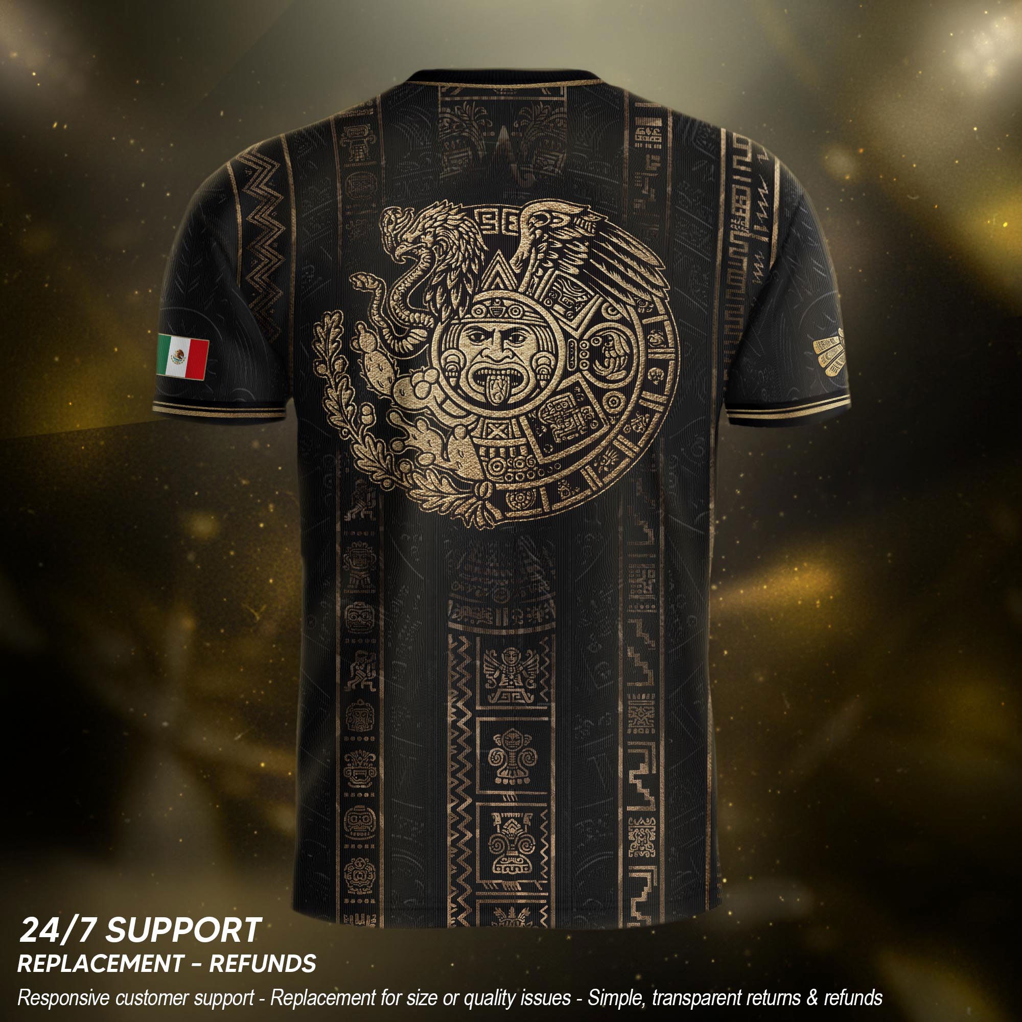 Camiseta de fútbol premium con emblema de águila azteca verde y dorado de México