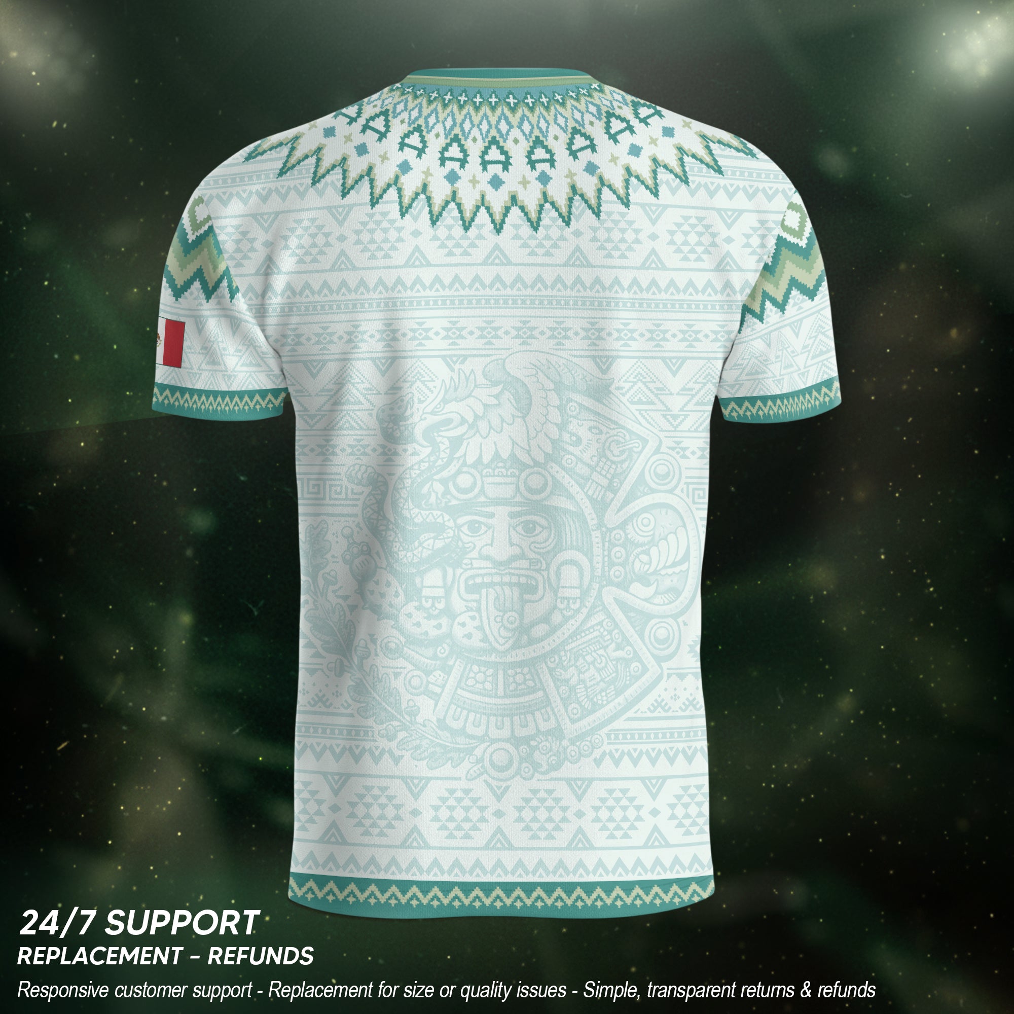 Camiseta de fútbol premium con emblema de águila azteca verde y dorado de México