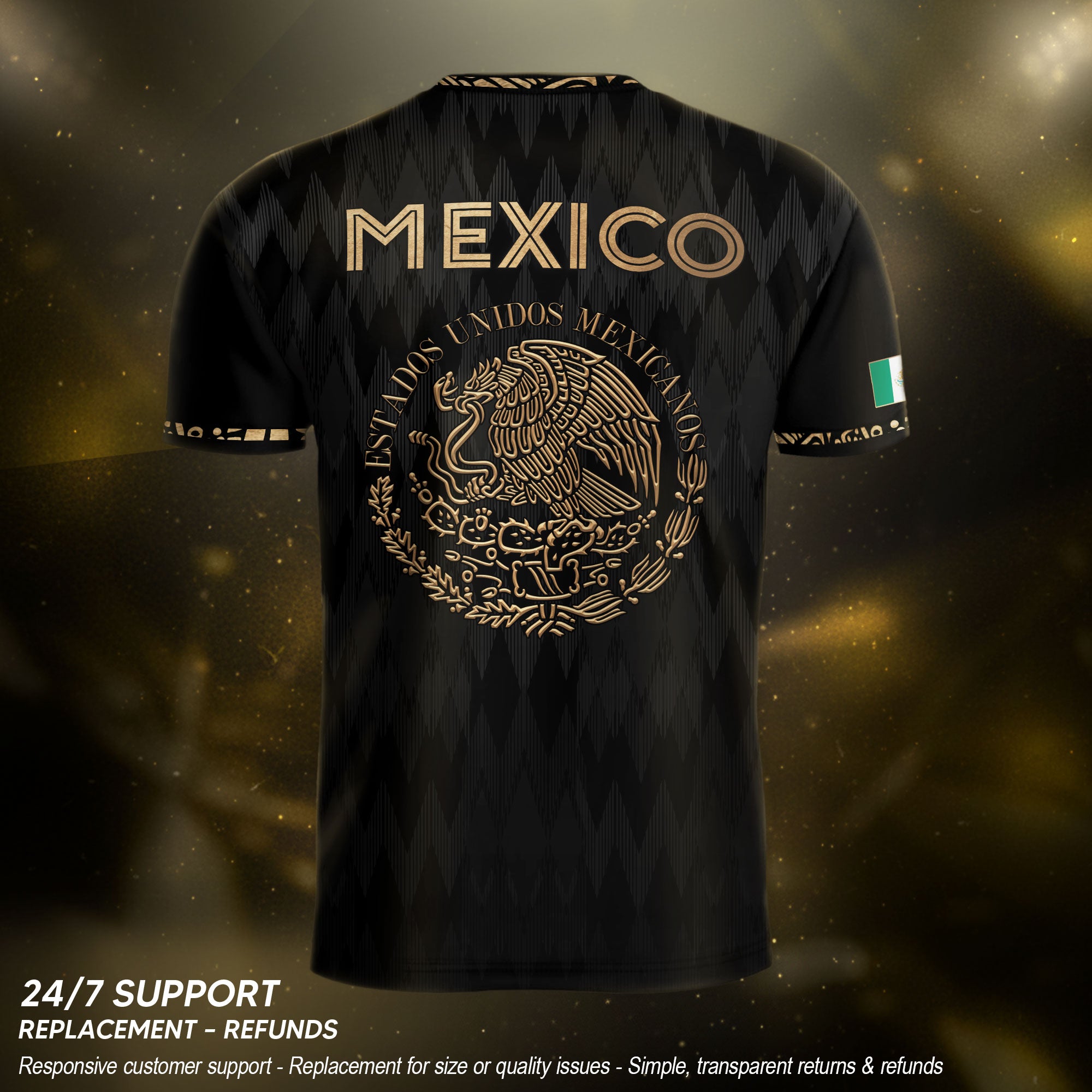 Camiseta de fútbol premium con emblema de águila azteca verde y dorado de México