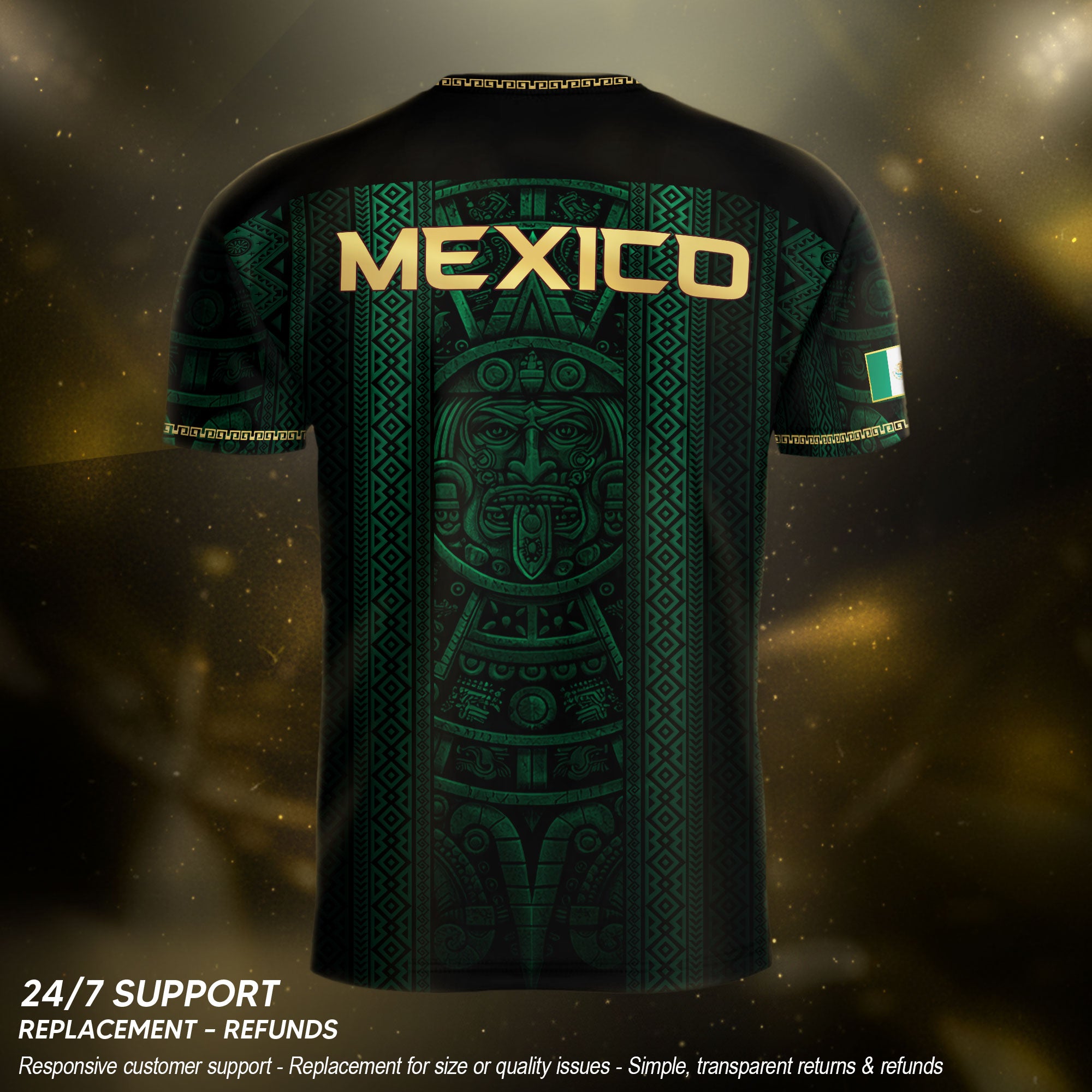 Camiseta de fútbol premium con emblema de águila azteca verde y dorado de México