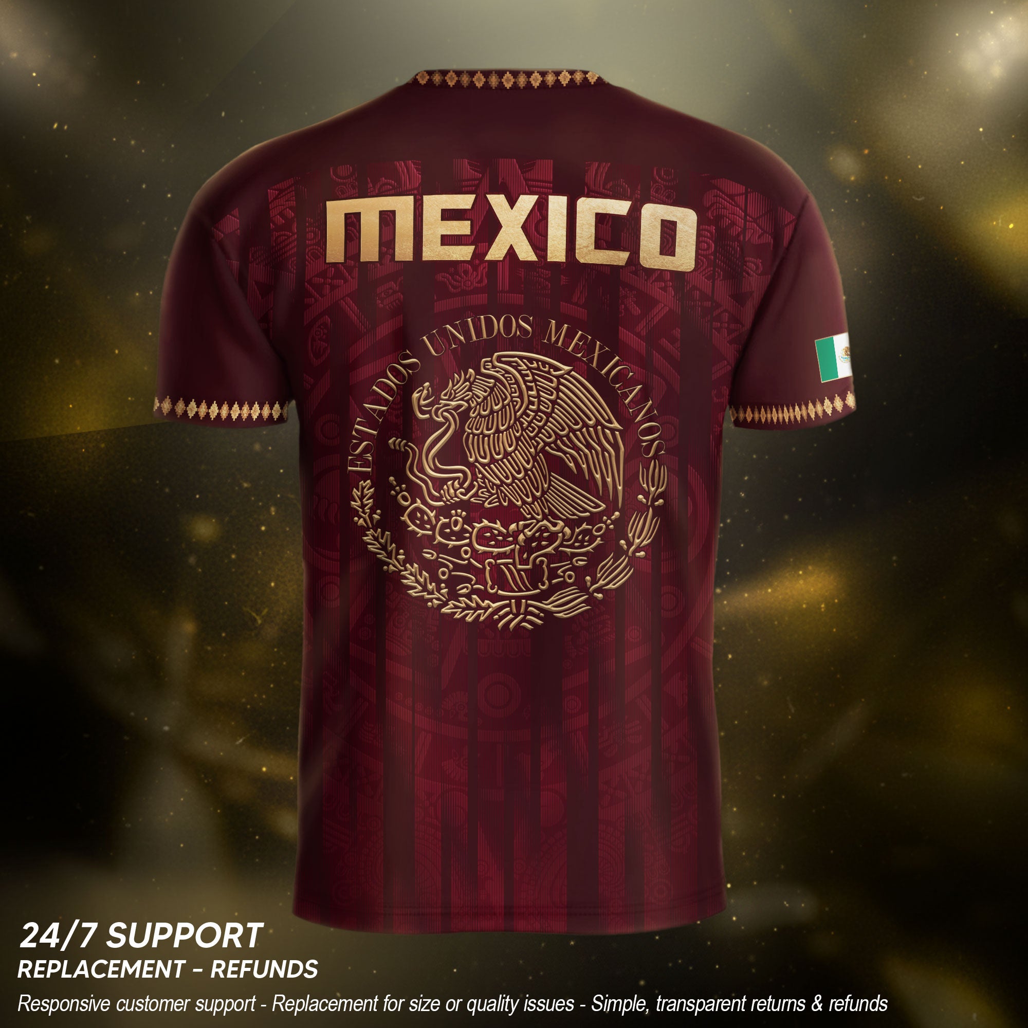 Camiseta de fútbol premium con emblema de águila azteca verde y dorado de México